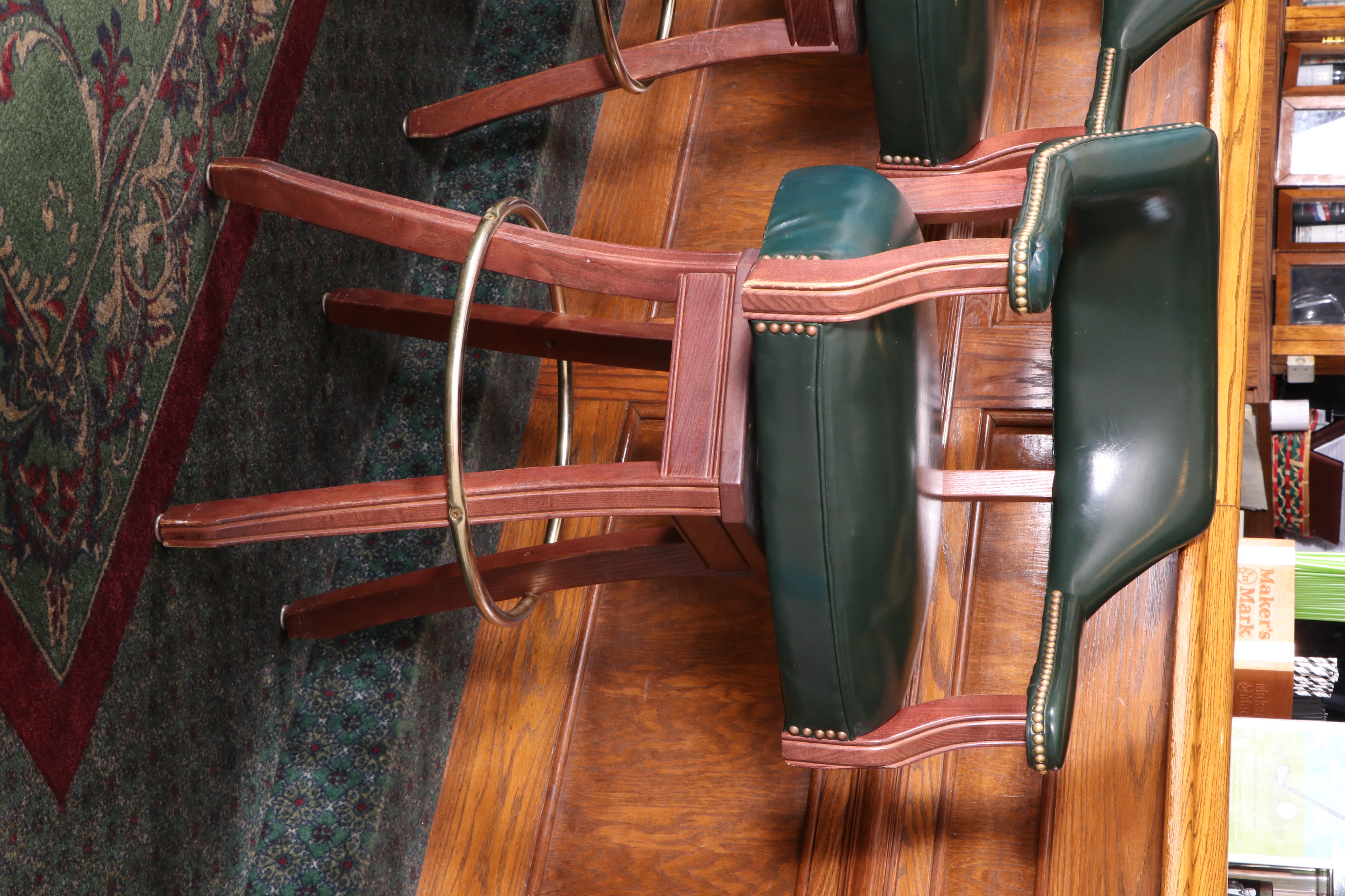 Four Gasser Chair Co. Green Vinyl Upholstered Barstools with Brass Nailhead Trim