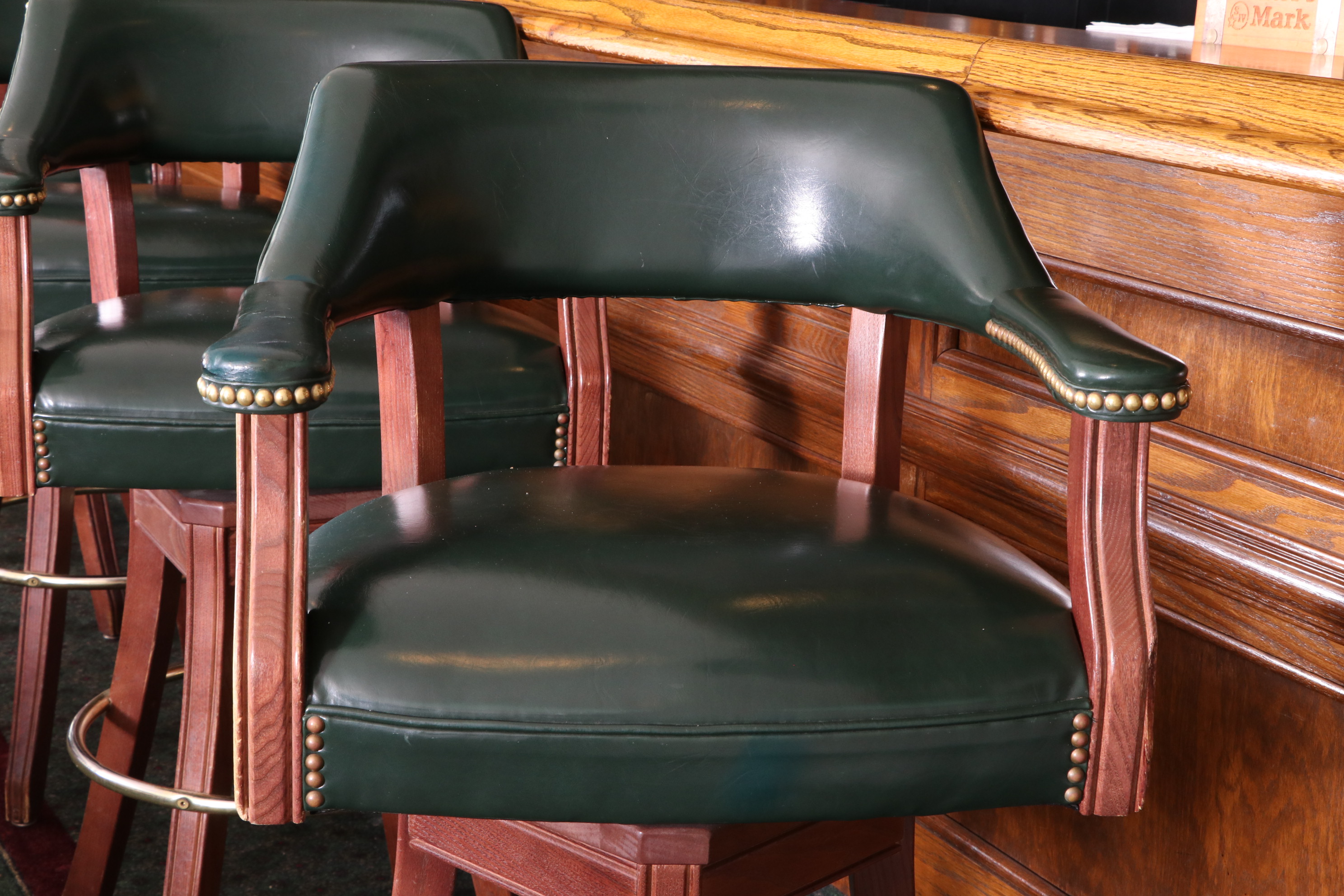 Four Gasser Chair Co. Green Vinyl Upholstered Barstools with Brass Nailhead Trim