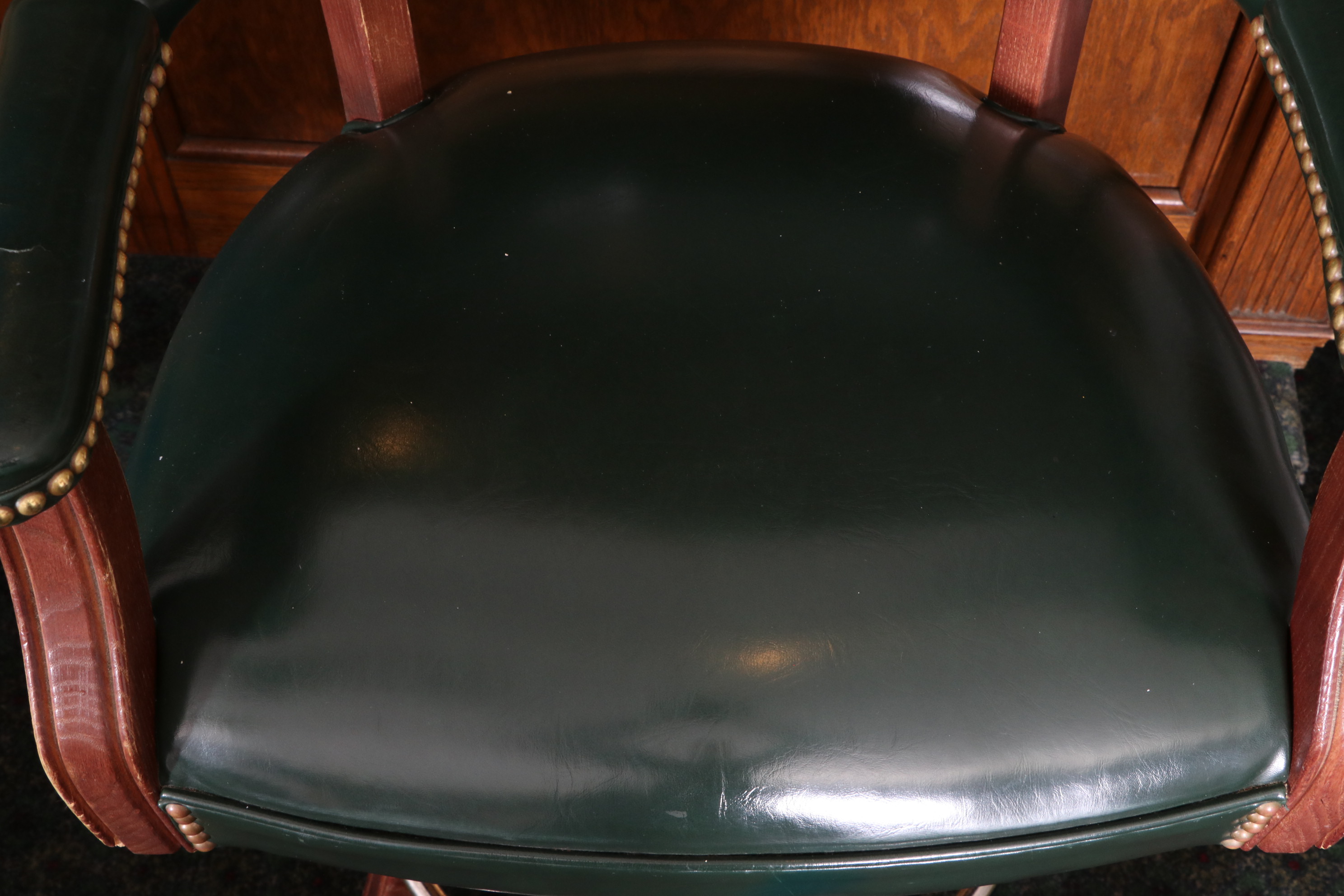 Four Gasser Chair Co. Green Vinyl Upholstered Barstools with Brass Nailhead Trim