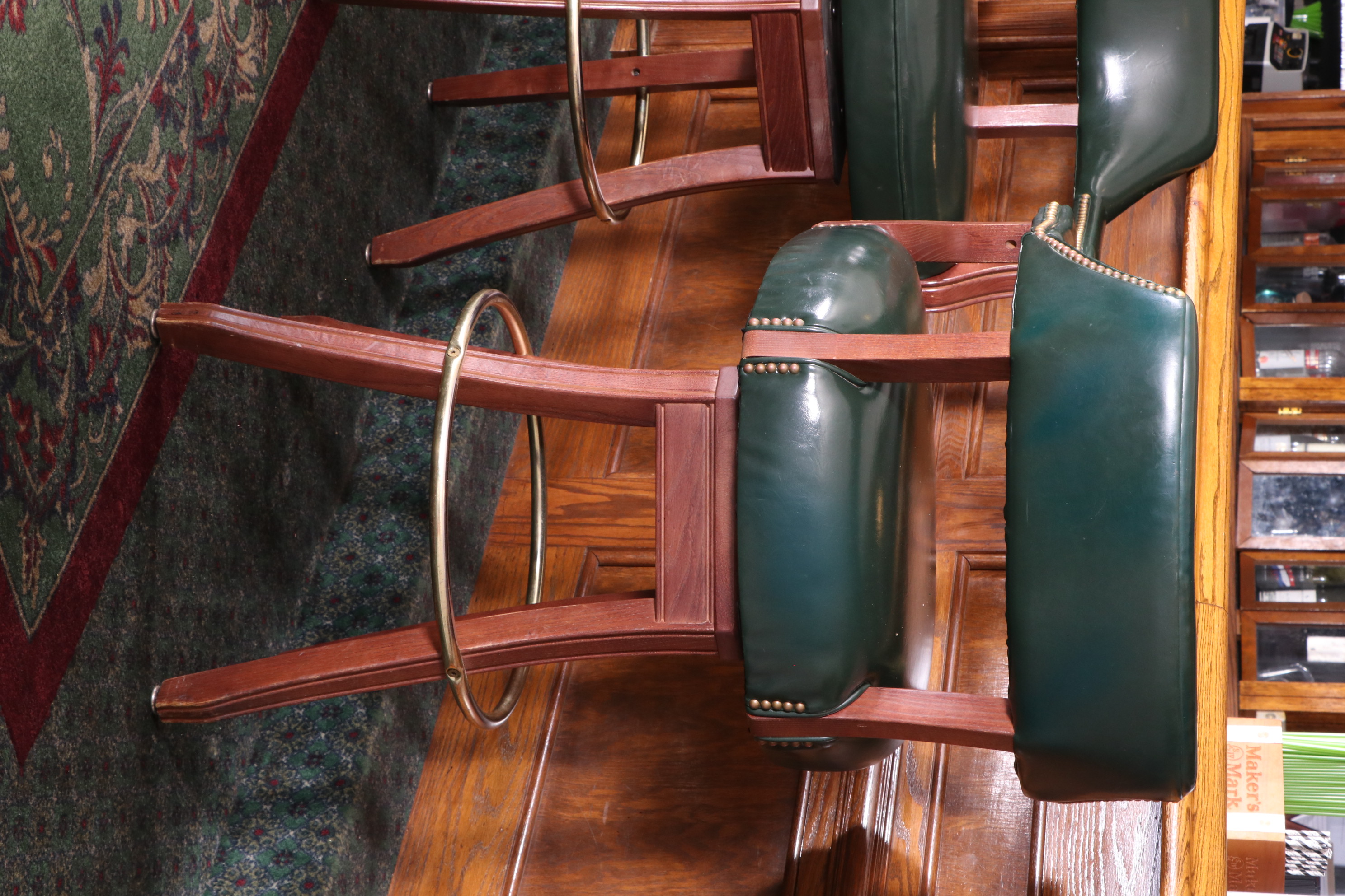 Four Gasser Chair Co. Green Vinyl Upholstered Barstools with Brass Nailhead Trim