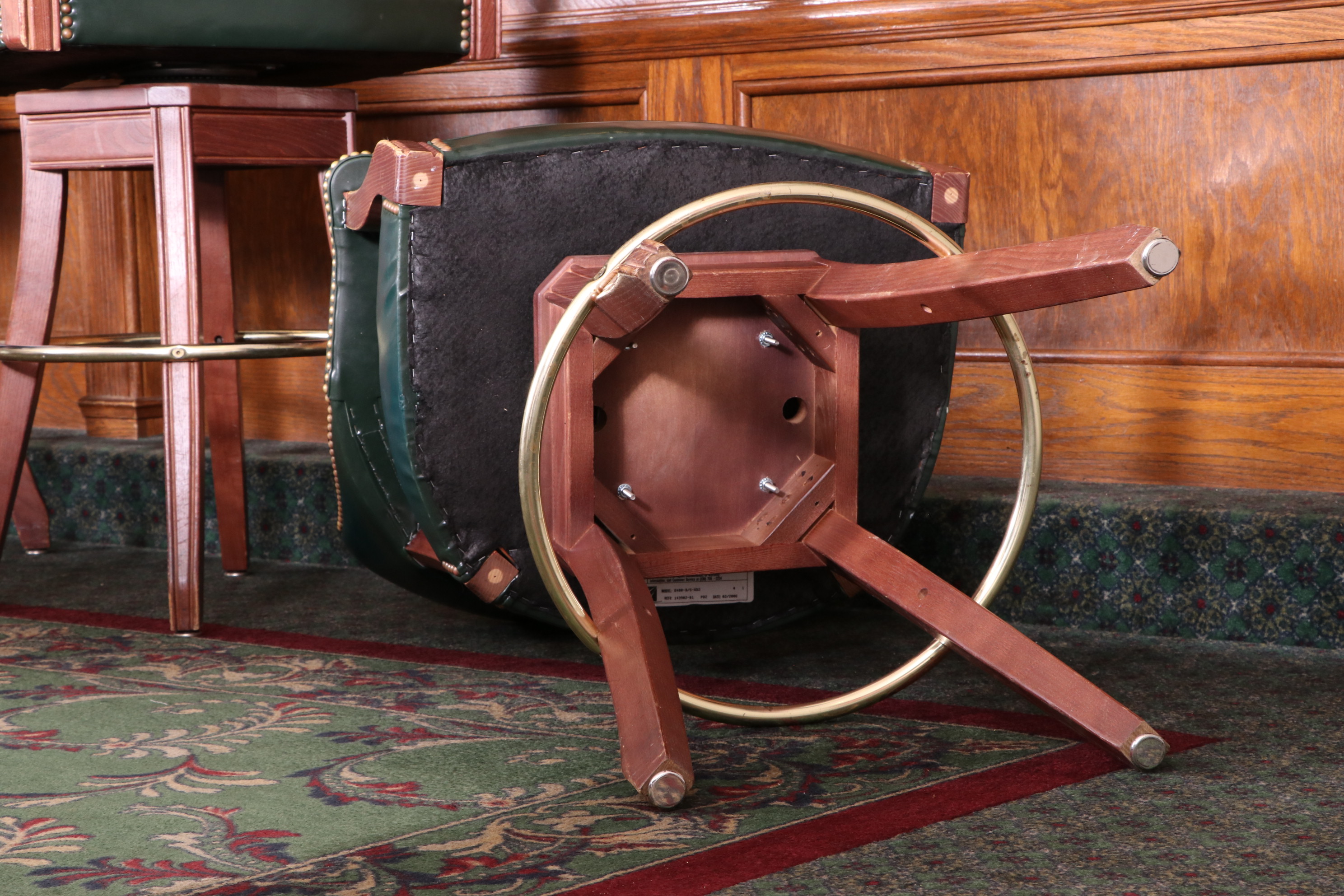 Four Gasser Chair Co. Green Vinyl Upholstered Barstools with Brass Nailhead Trim