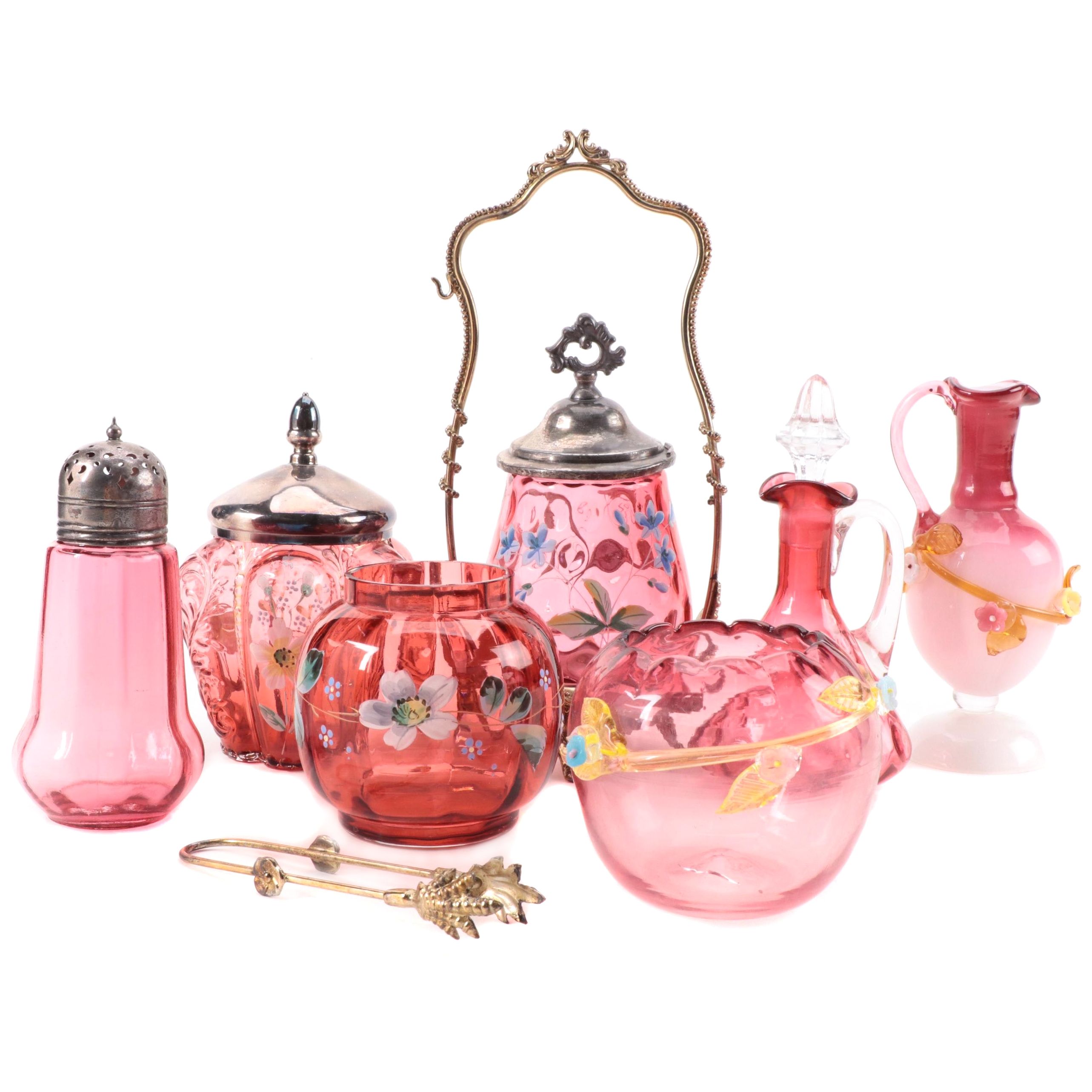 Victorian Hand-Painted Cranberry Glass Pickle Castor and Other Tableware