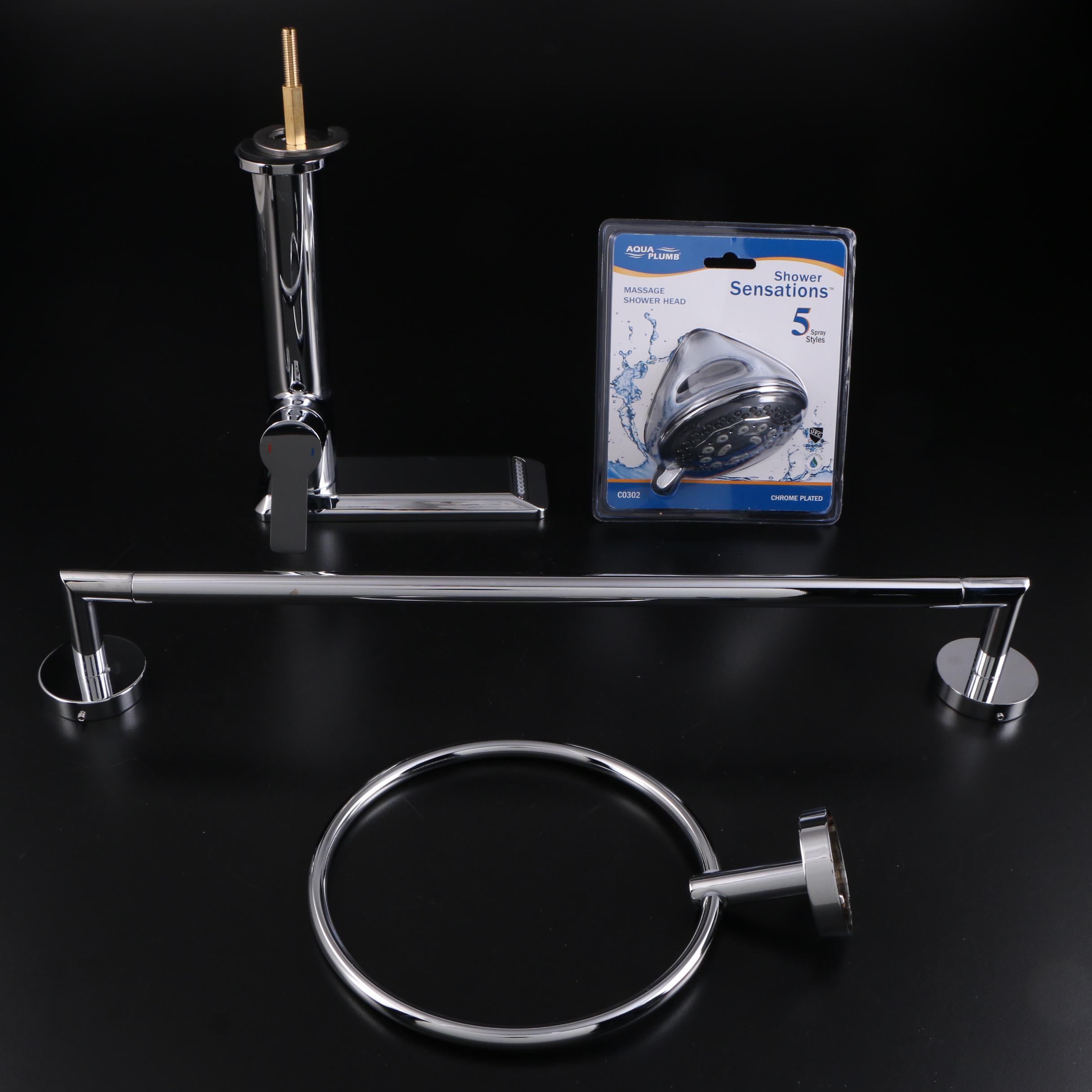 Chrome Towel Ring, Towel Bar, Massage Showerhead, Vessel Single Lever Faucet