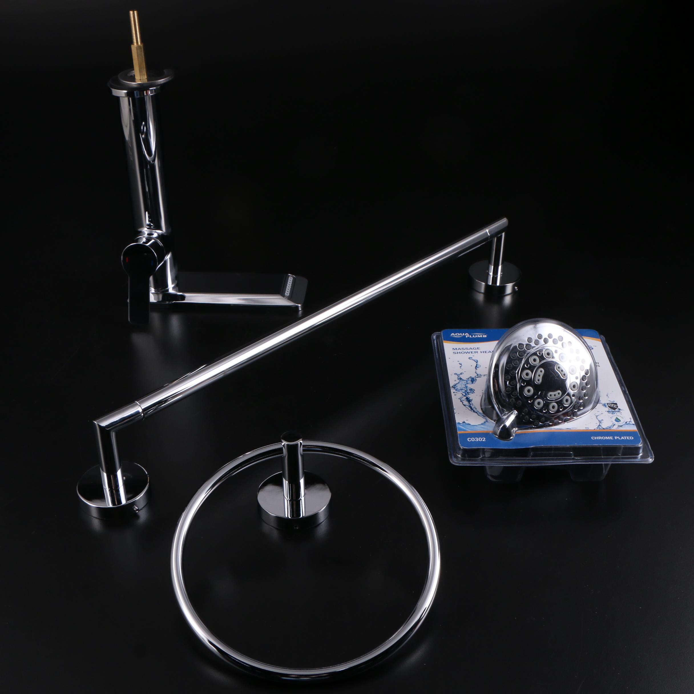 Chrome Towel Ring, Towel Bar, Massage Showerhead, Vessel Single Lever Faucet