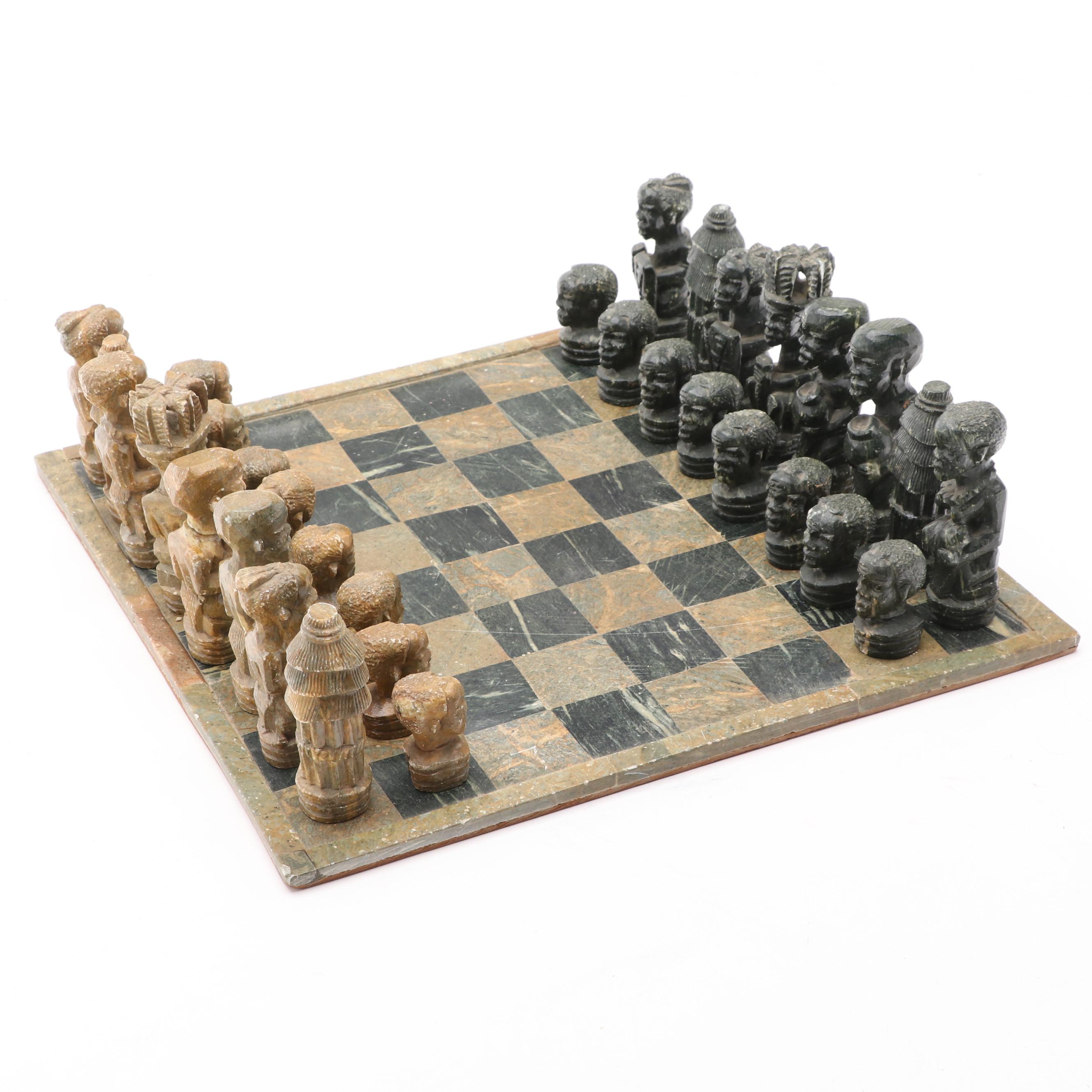 African Carved Soapstone Chess Set
