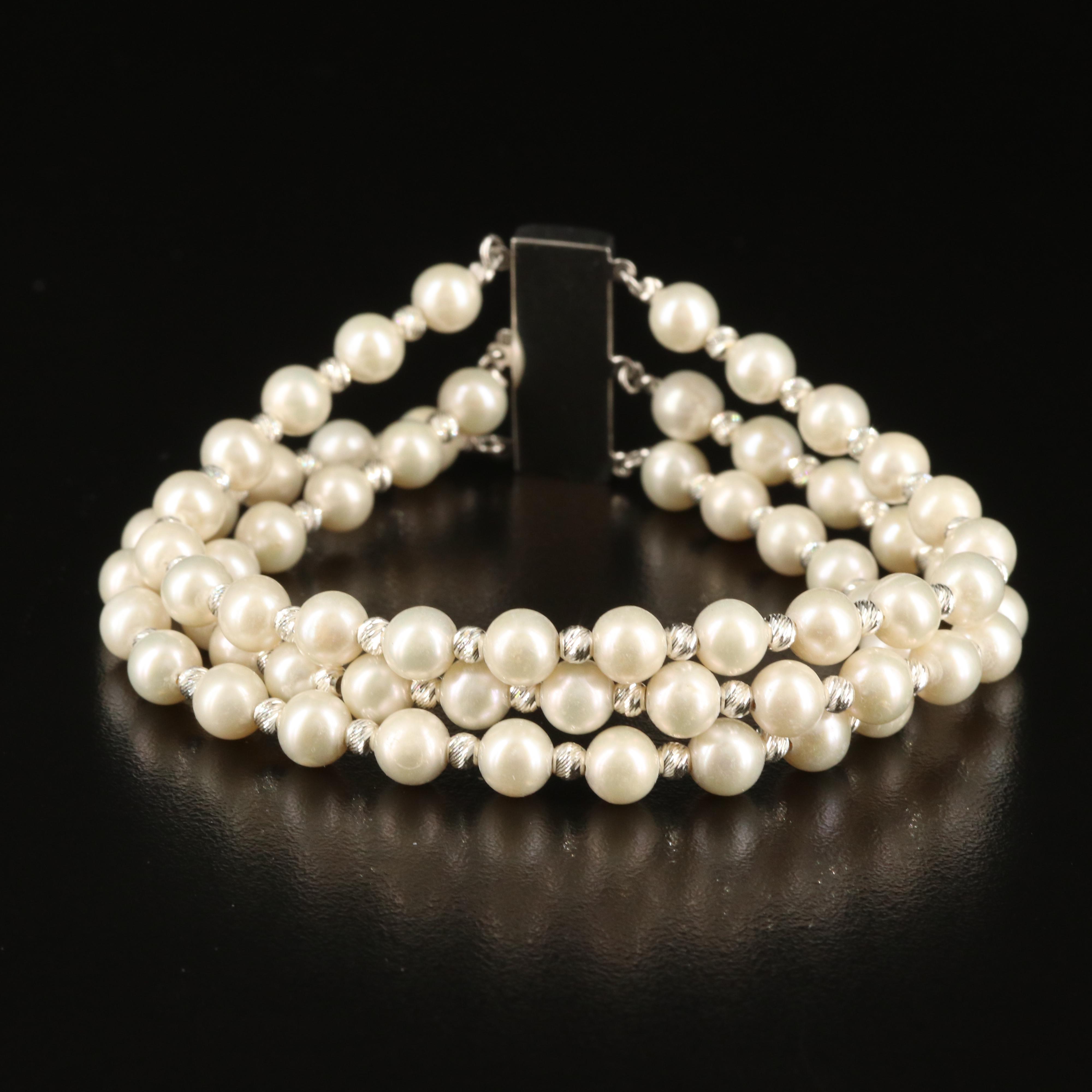 Sterling Pearl Triple Strand Bracelet