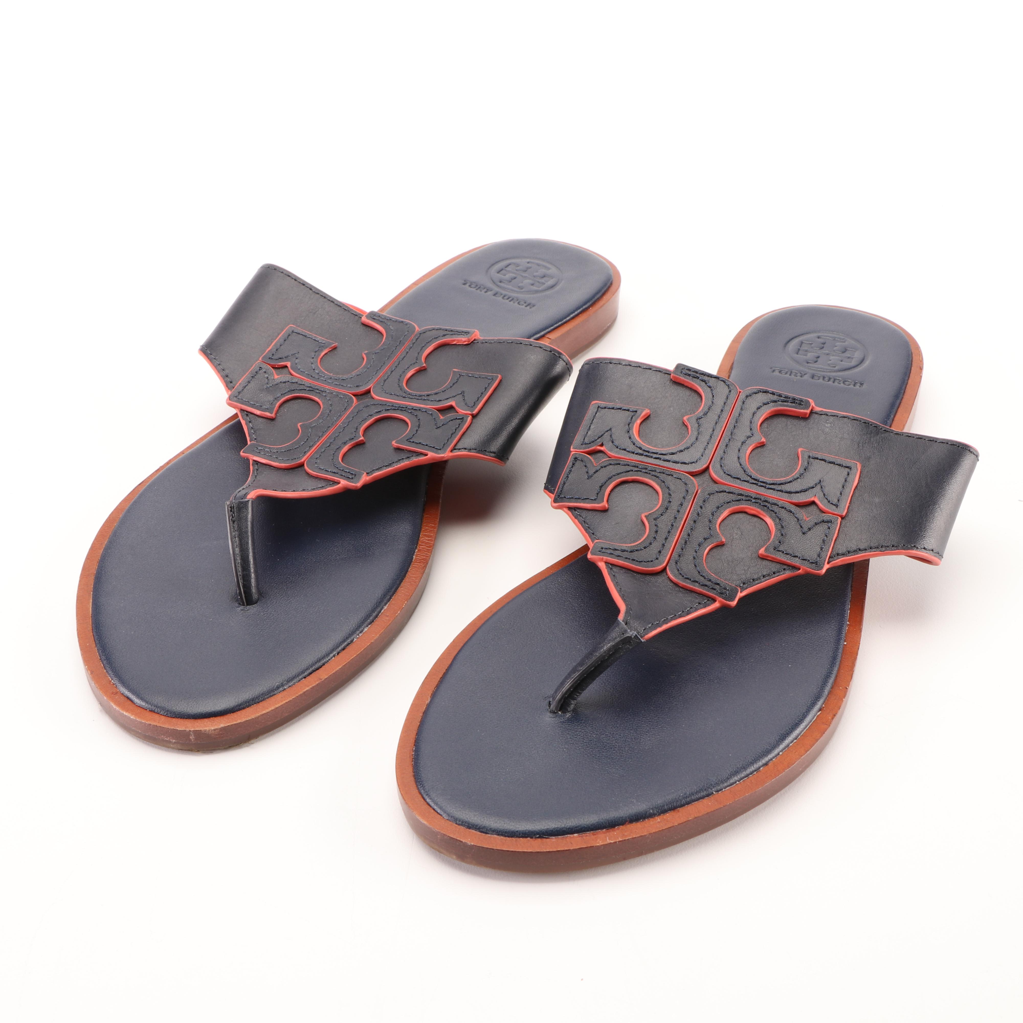 Tory Burch Navy Leather Logo Flip-Flops