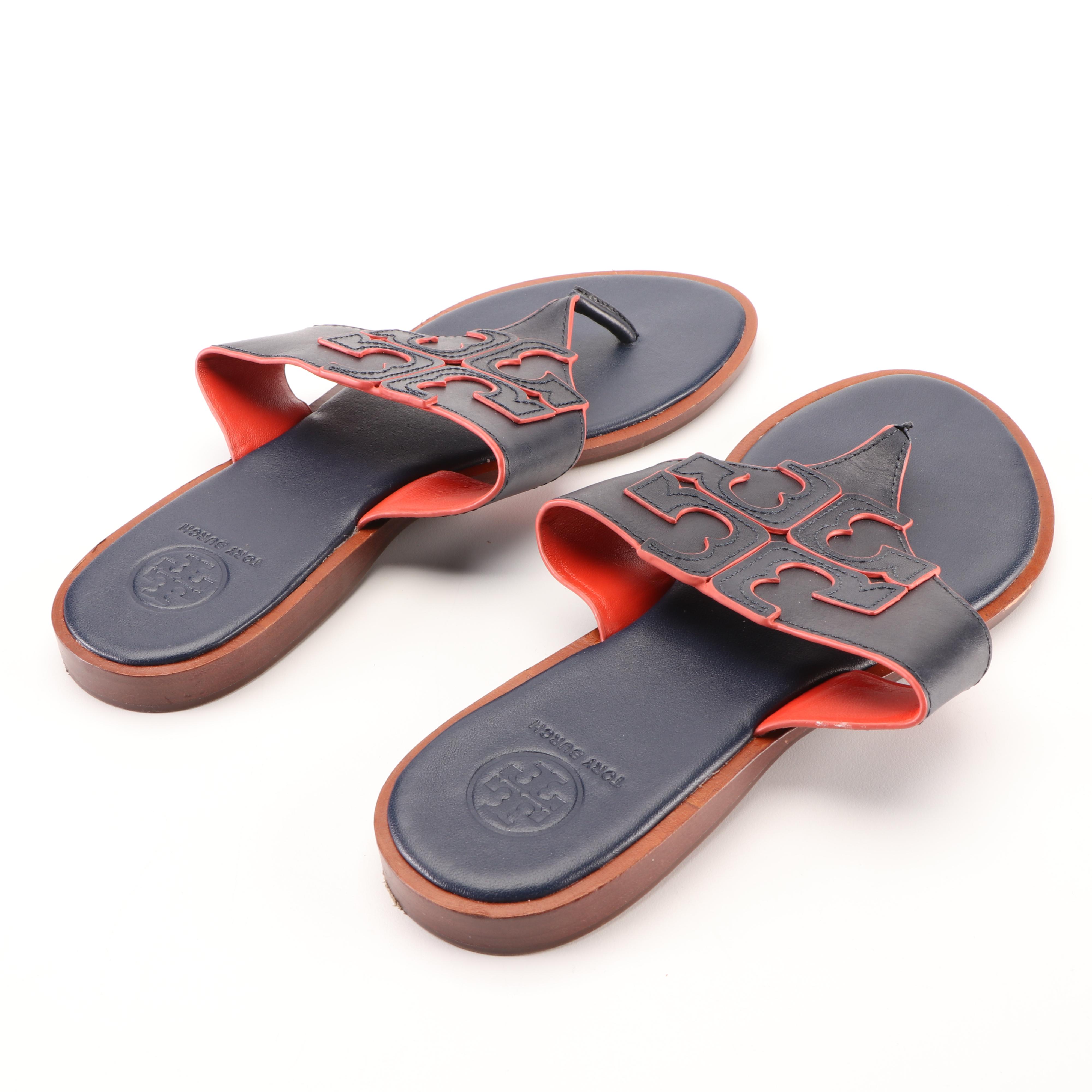 Tory Burch Navy Leather Logo Flip-Flops