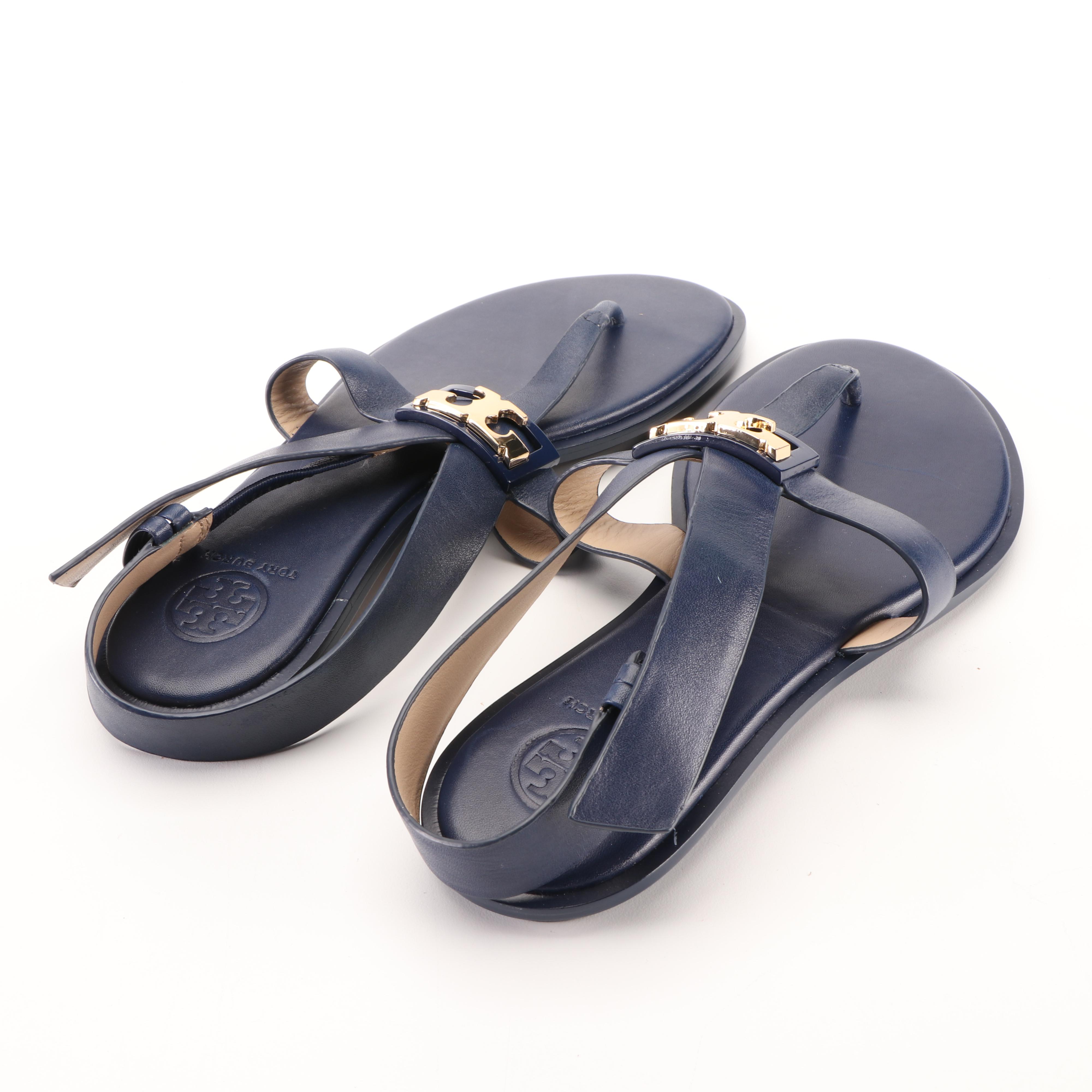 Tory Burch Navy Leather Logo Flip-Flops