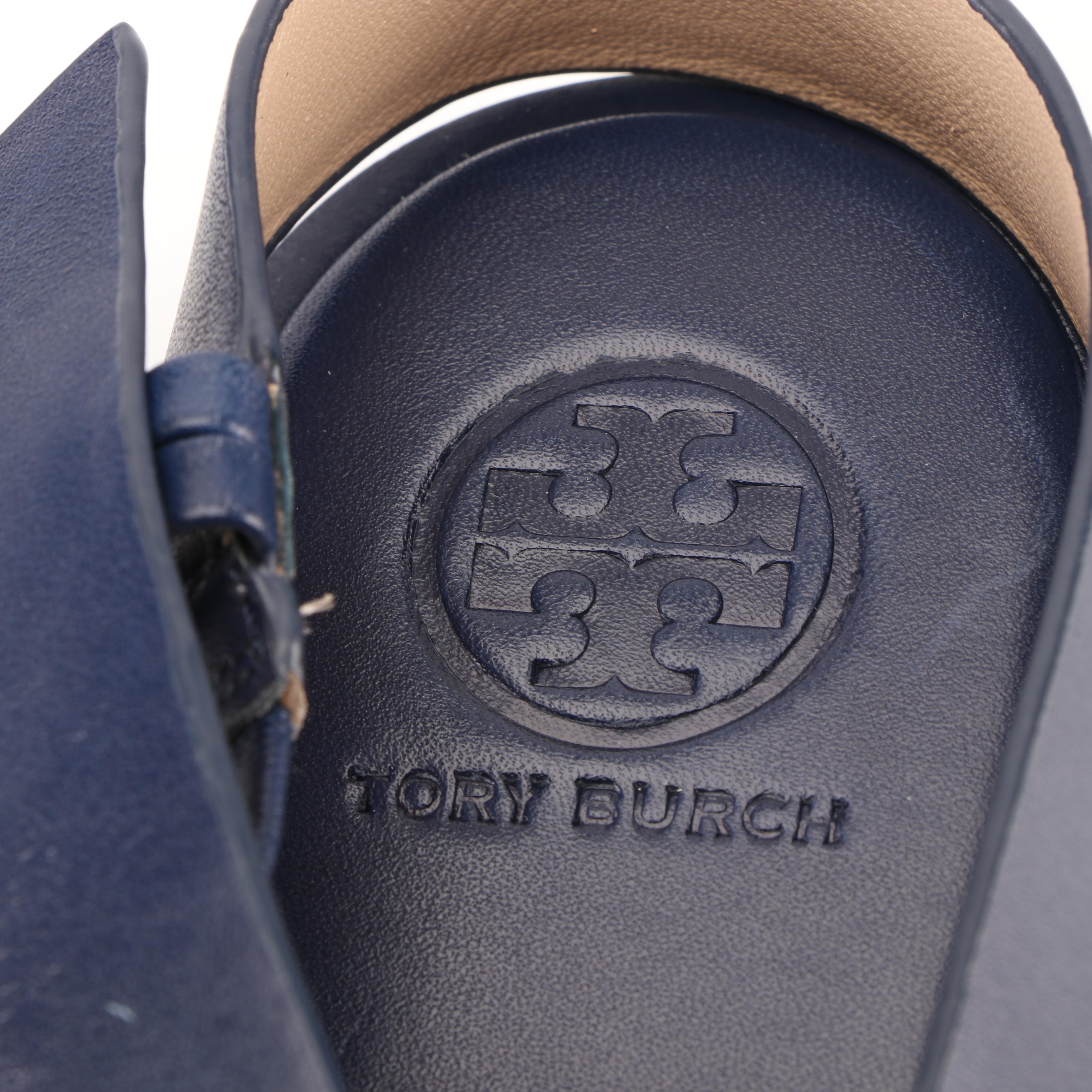 Tory Burch Navy Leather Logo Flip-Flops