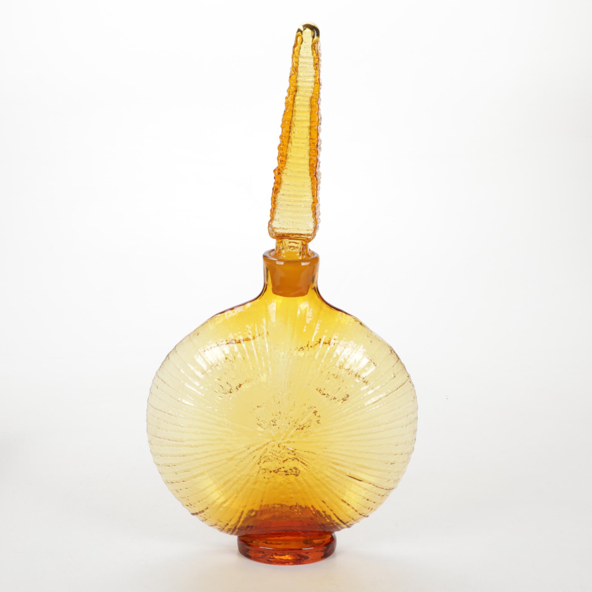 Wayne Husted Blenko Sun Face Amber Glass Decanter, 1960s