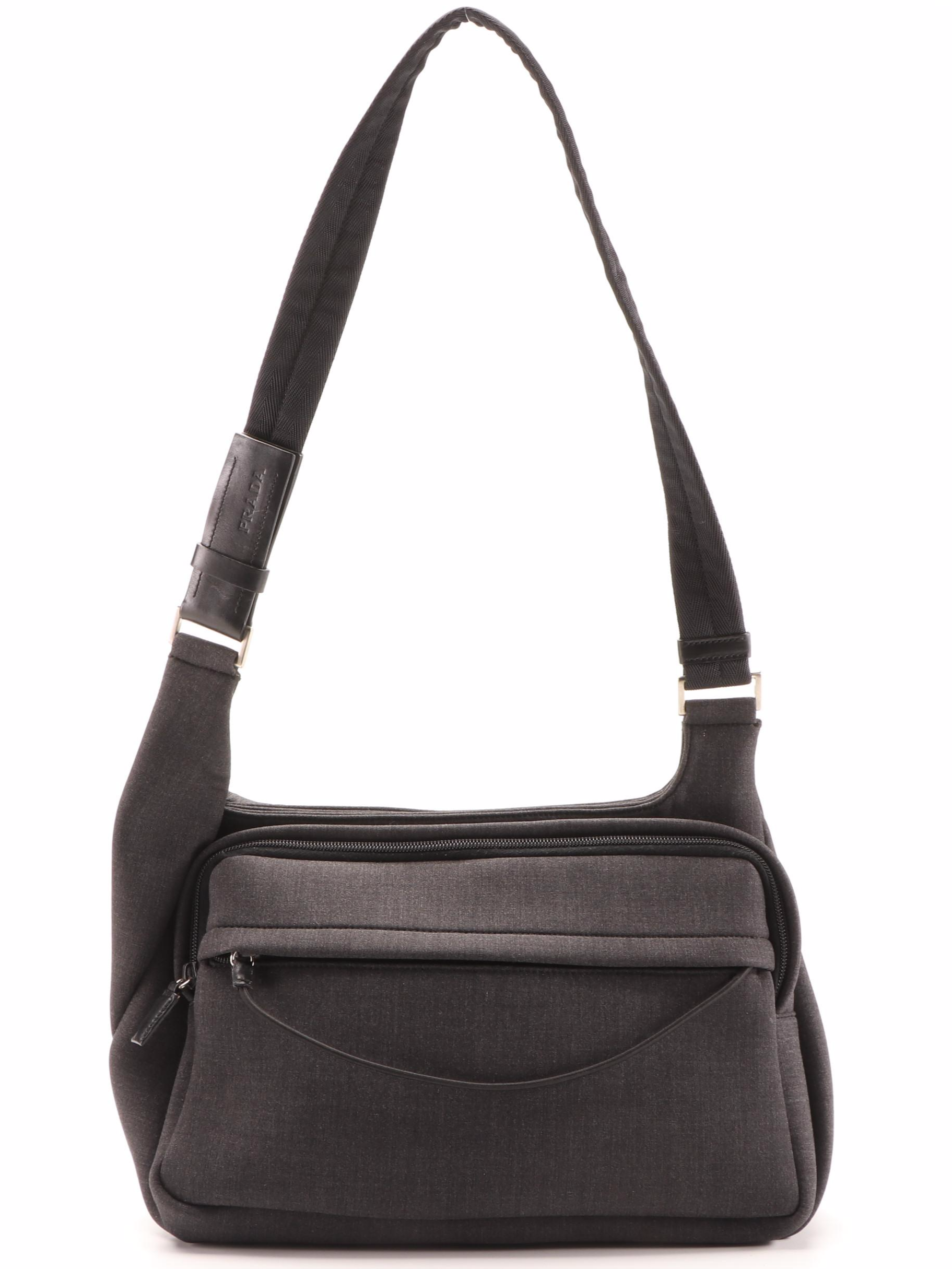 Prada Shoulder Bag in Grey Woven Textile with Black Leather Trim