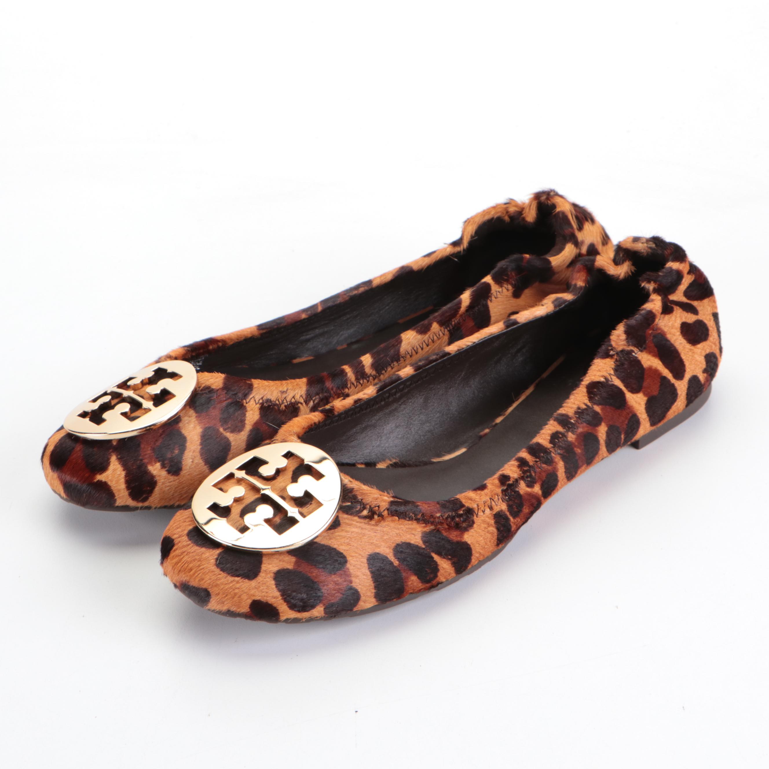 Tory Burch Leopard Print Calf Hair and Tan Leather Flats