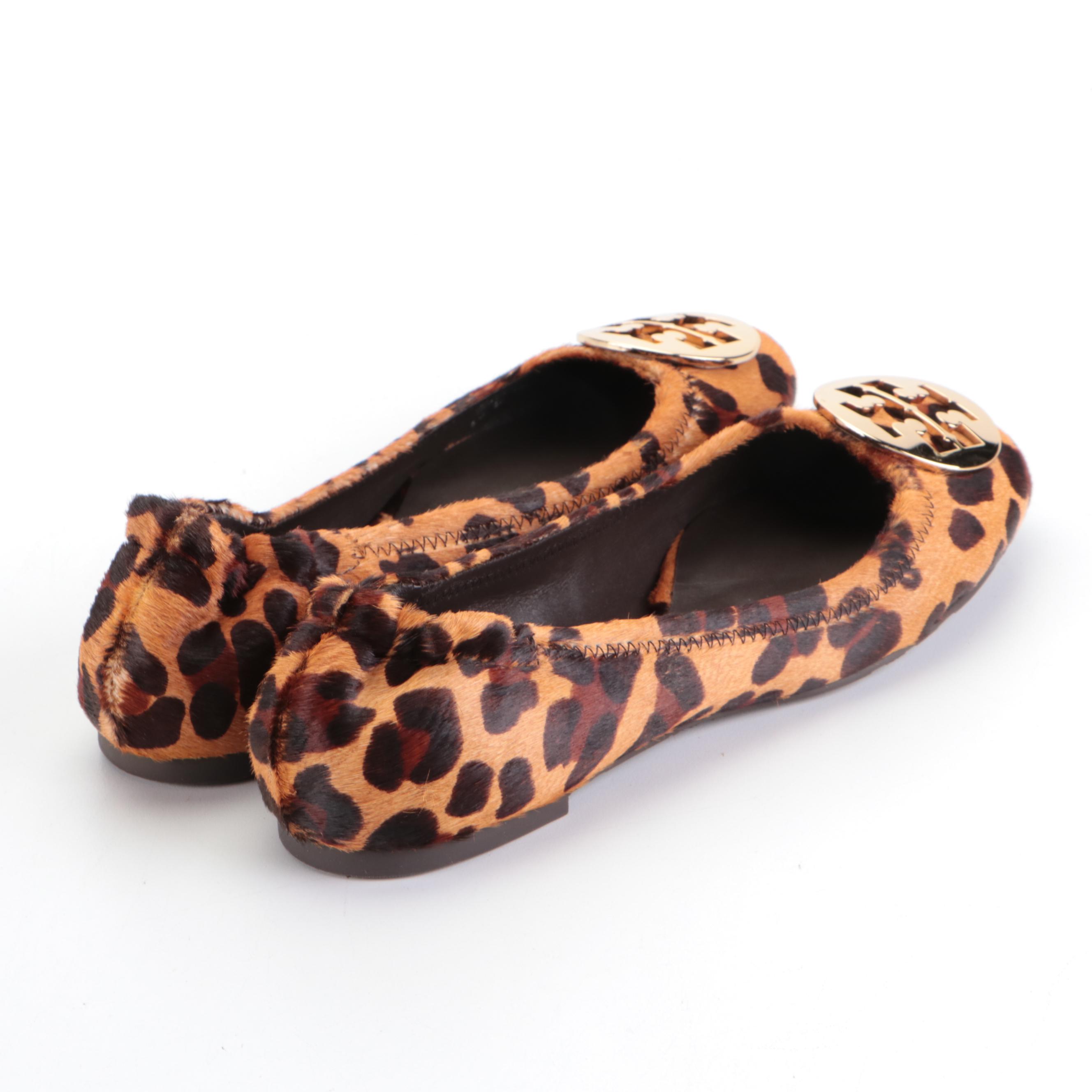Tory Burch Leopard Print Calf Hair and Tan Leather Flats