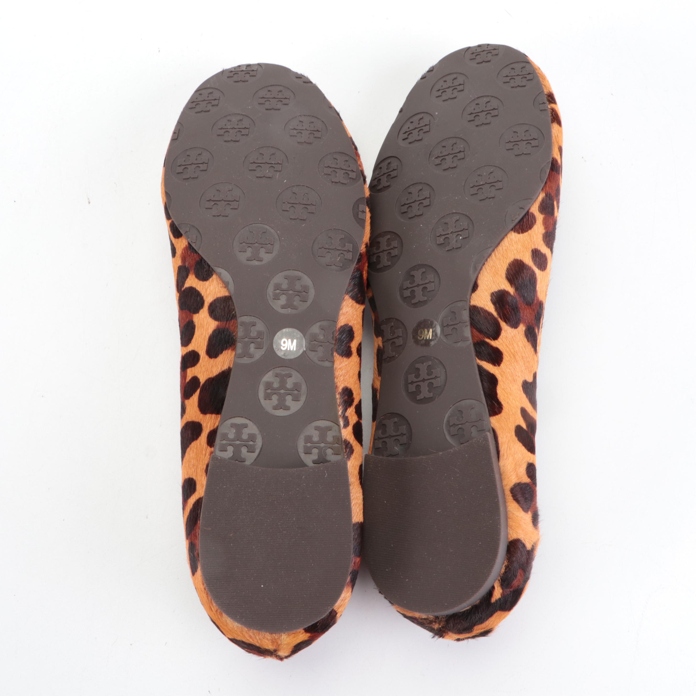 Tory Burch Leopard Print Calf Hair and Tan Leather Flats