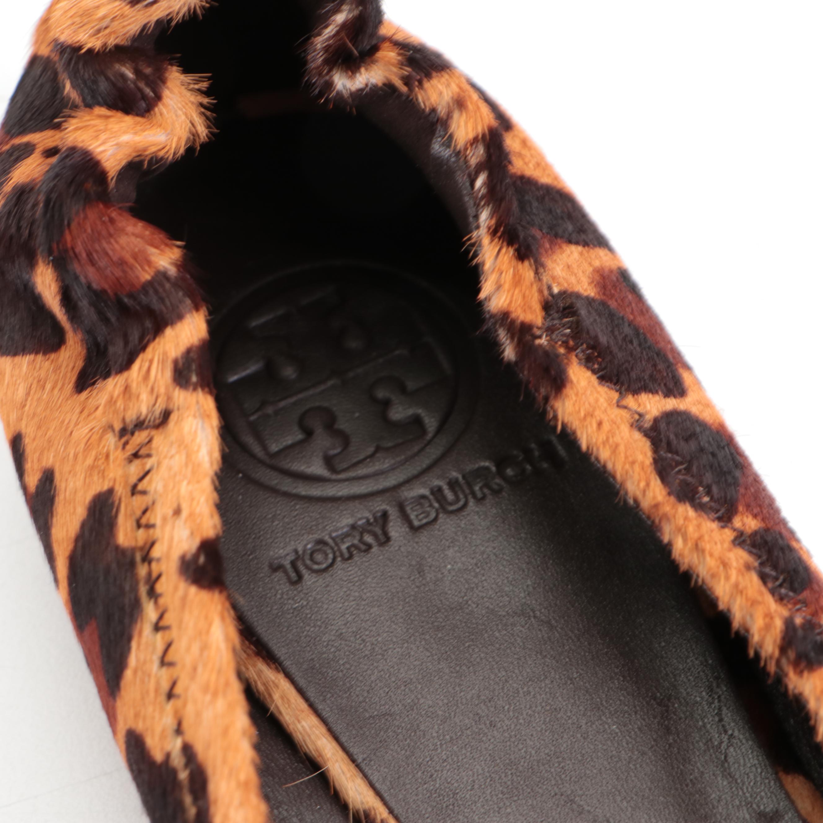 Tory Burch Leopard Print Calf Hair and Tan Leather Flats
