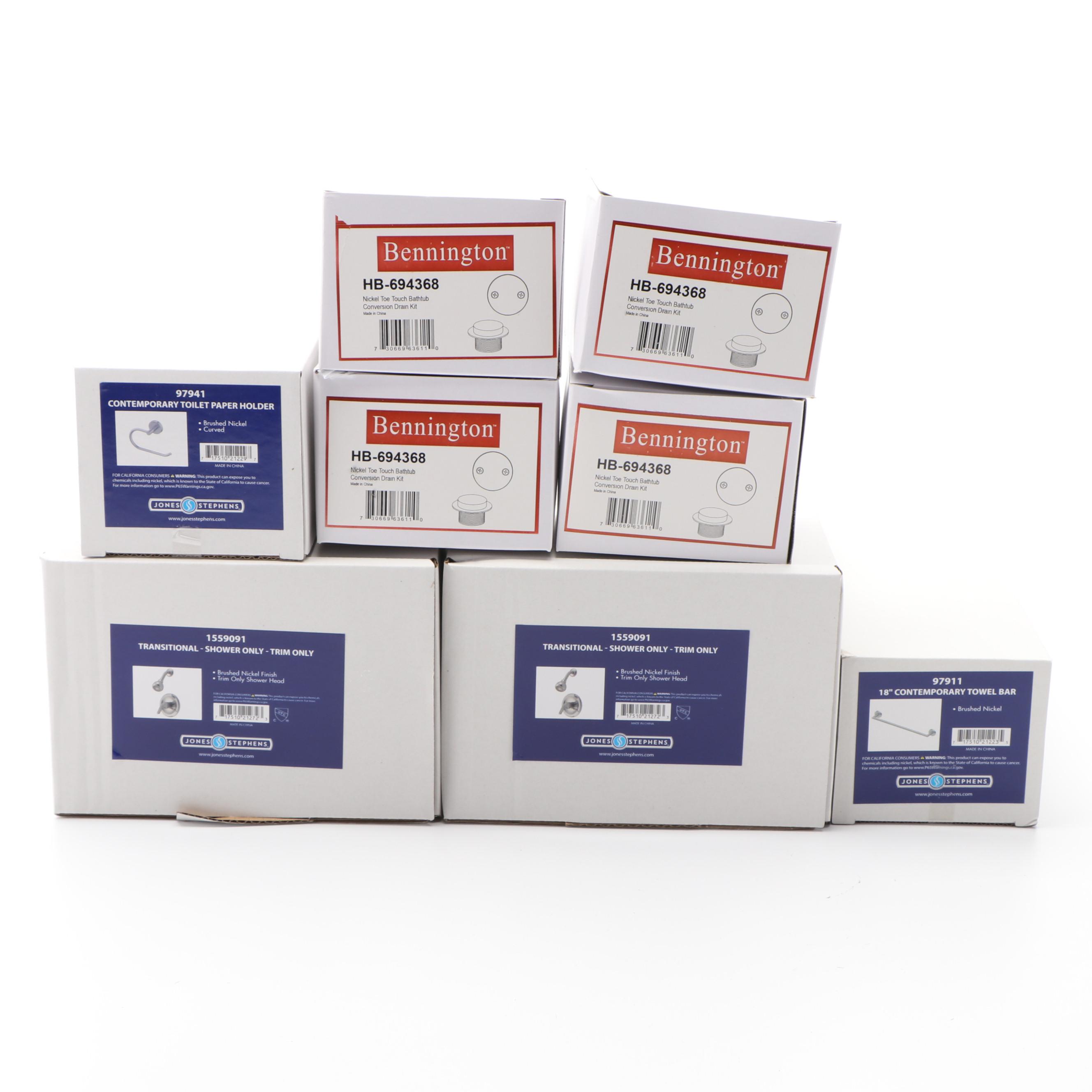 Toe Touch Tub Drain Kits, Shower Trim Kits, 18'' Towel Bar, Toilet Paper Holder