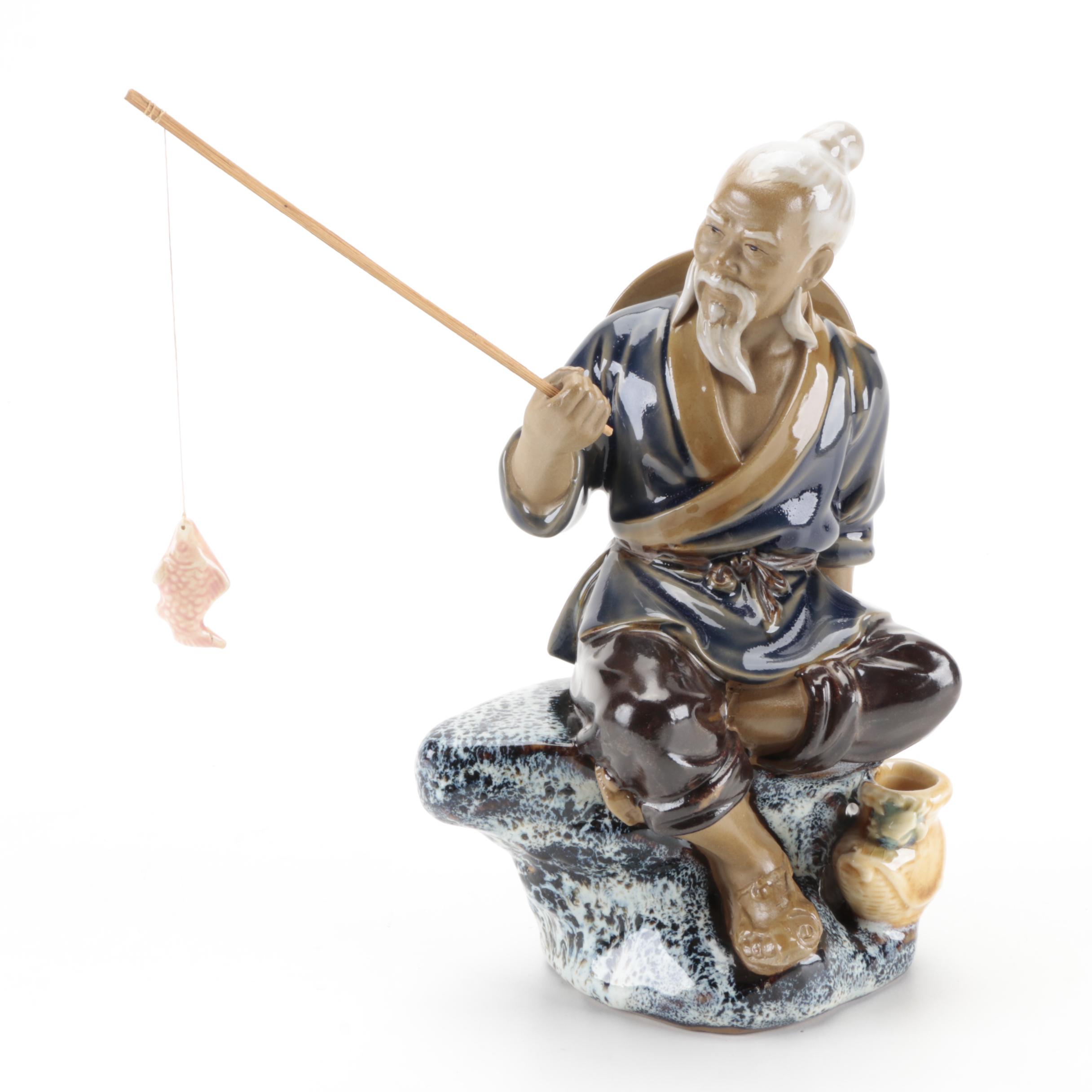 Chinese Shiwan Mudmen Figurines of Fisherman, Shouxing, and a Child on a Buffalo