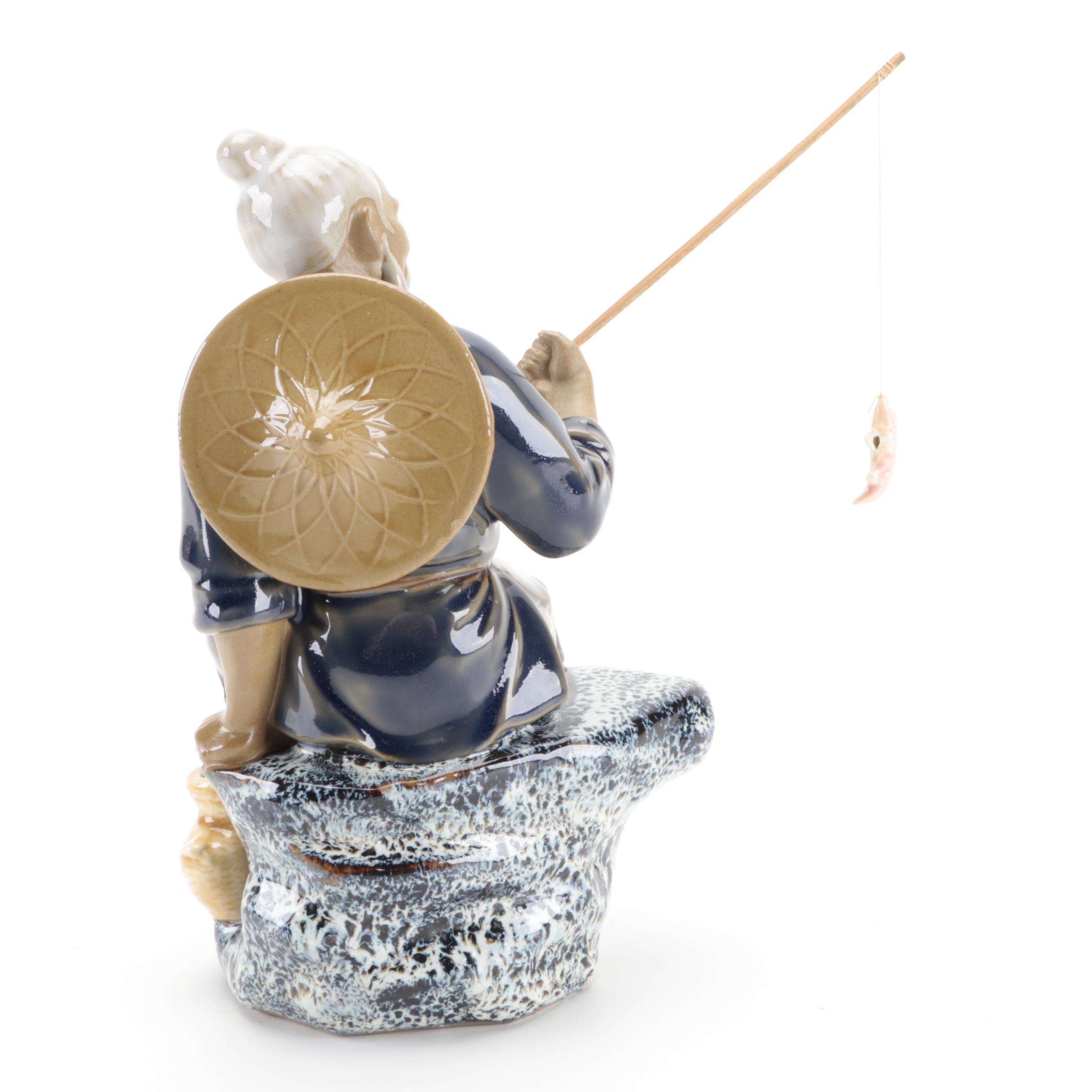 Chinese Shiwan Mudmen Figurines of Fisherman, Shouxing, and a Child on a Buffalo