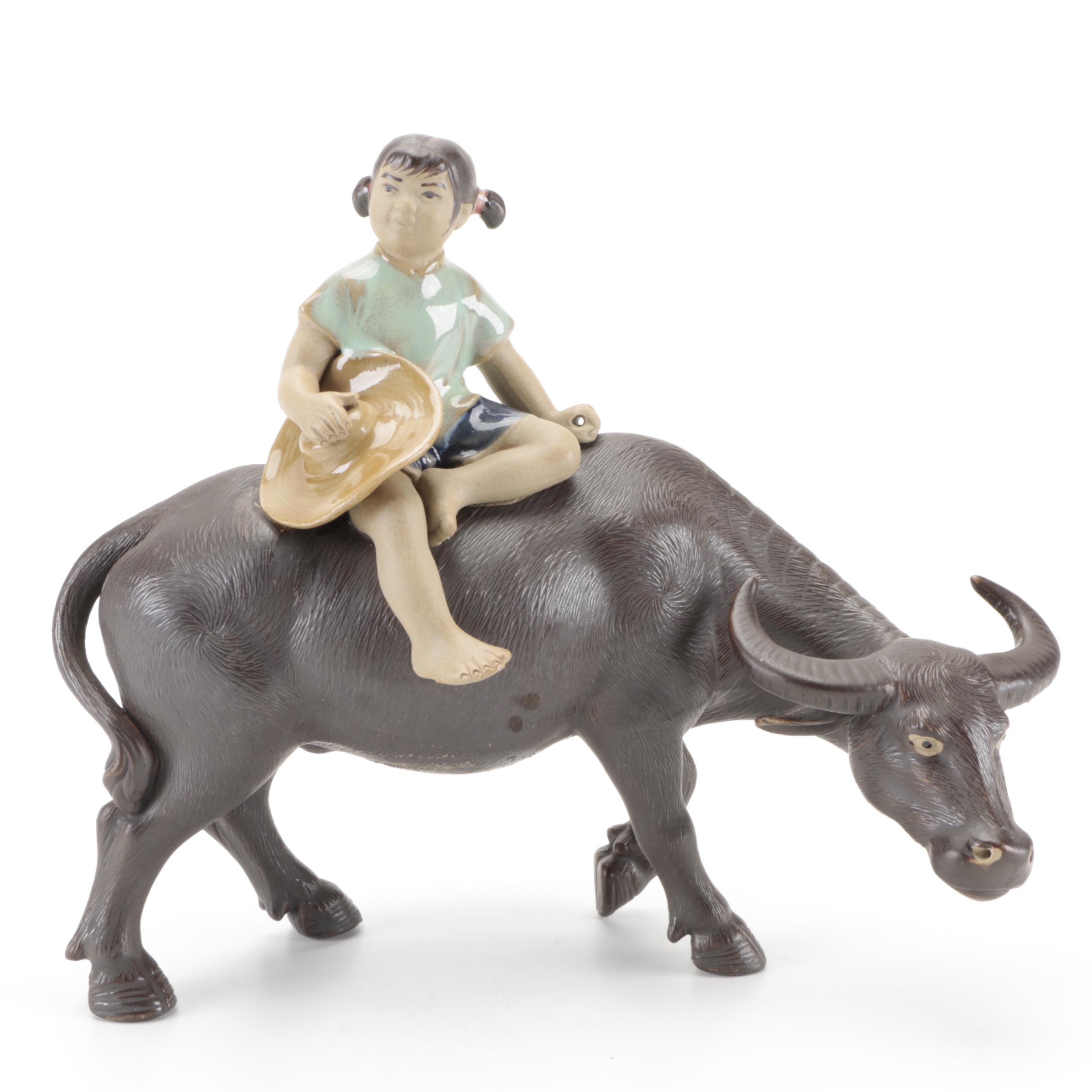 Chinese Shiwan Mudmen Figurines of Fisherman, Shouxing, and a Child on a Buffalo