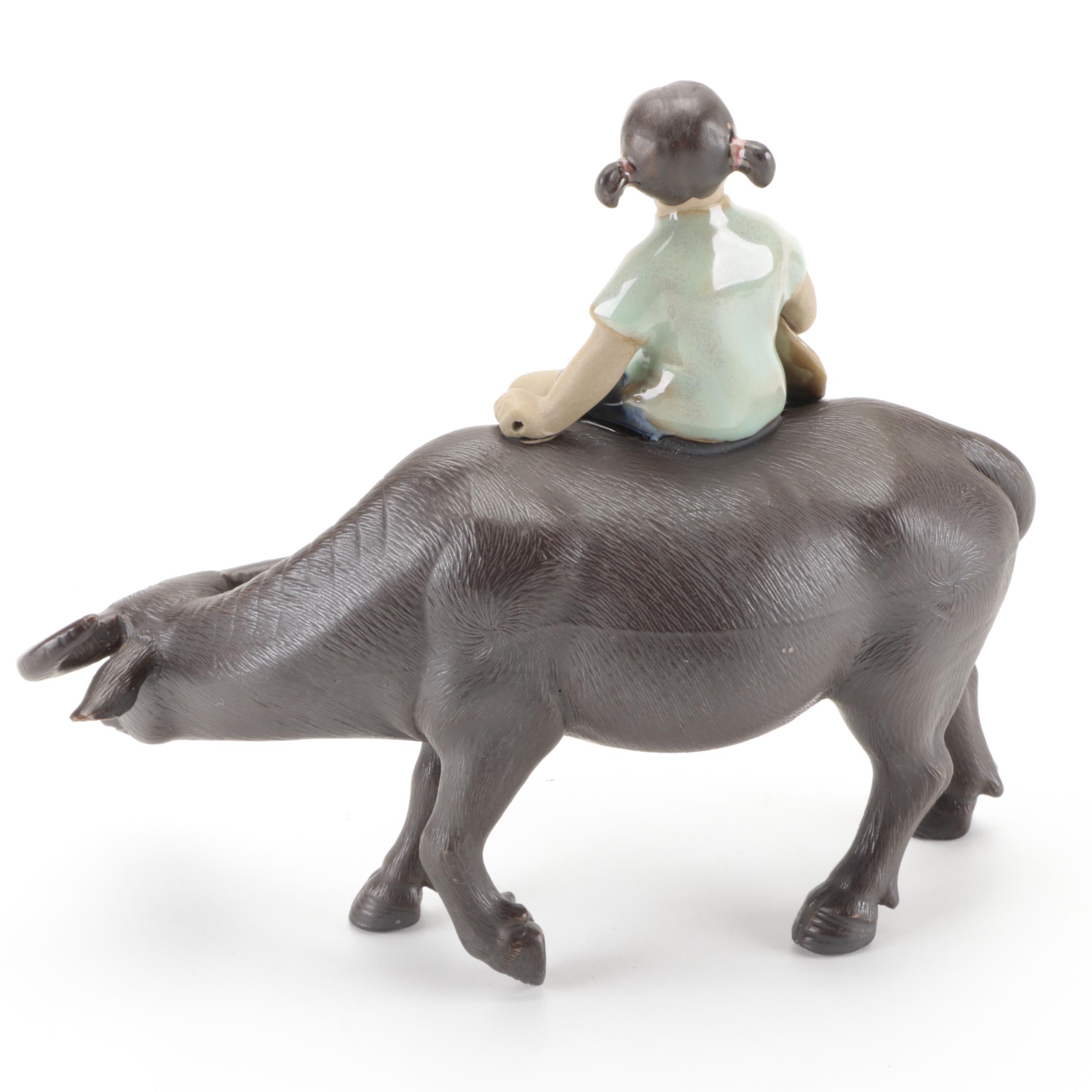 Chinese Shiwan Mudmen Figurines of Fisherman, Shouxing, and a Child on a Buffalo