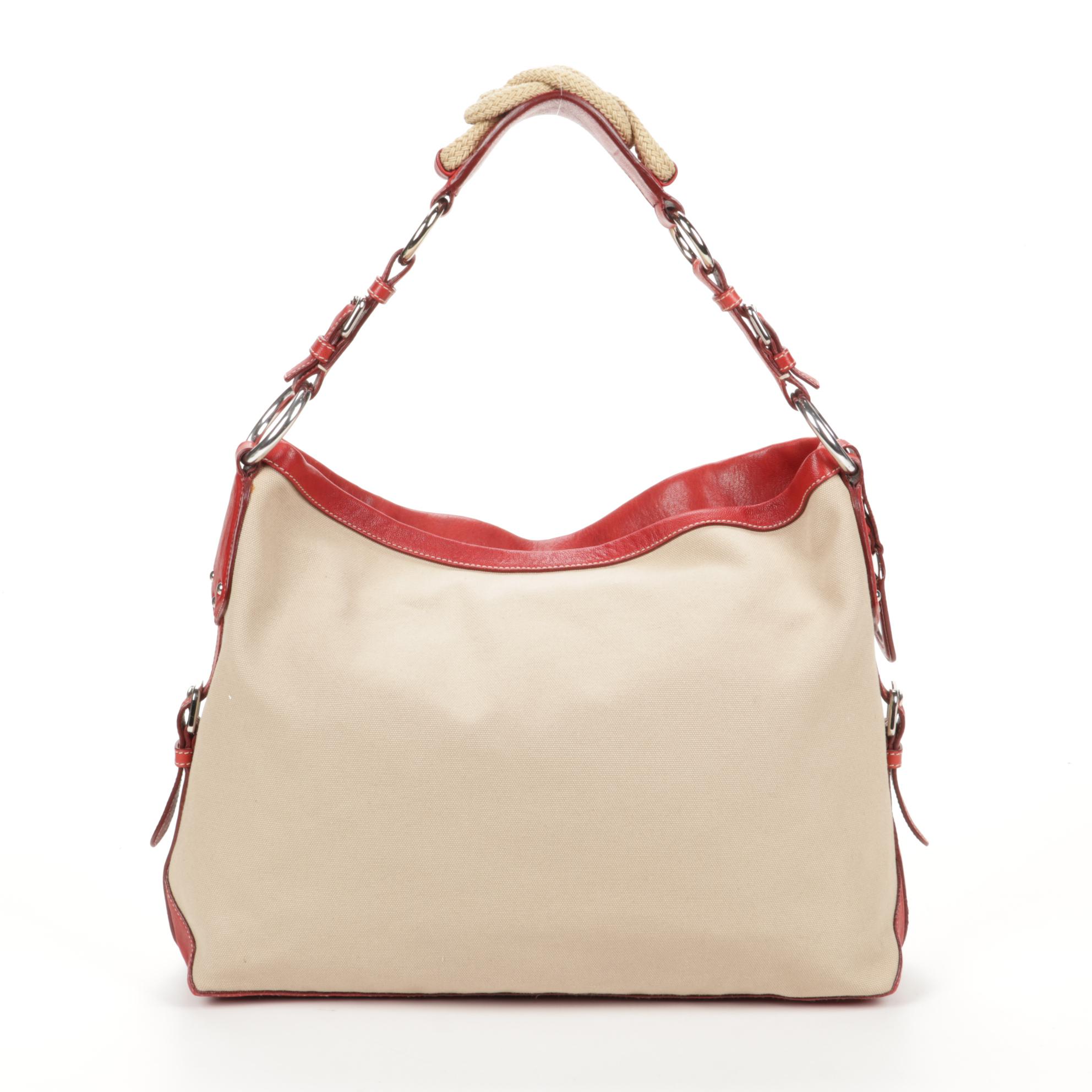 Prada Tote in Beige Canvas with Contrast Stitched Red Leather Trim
