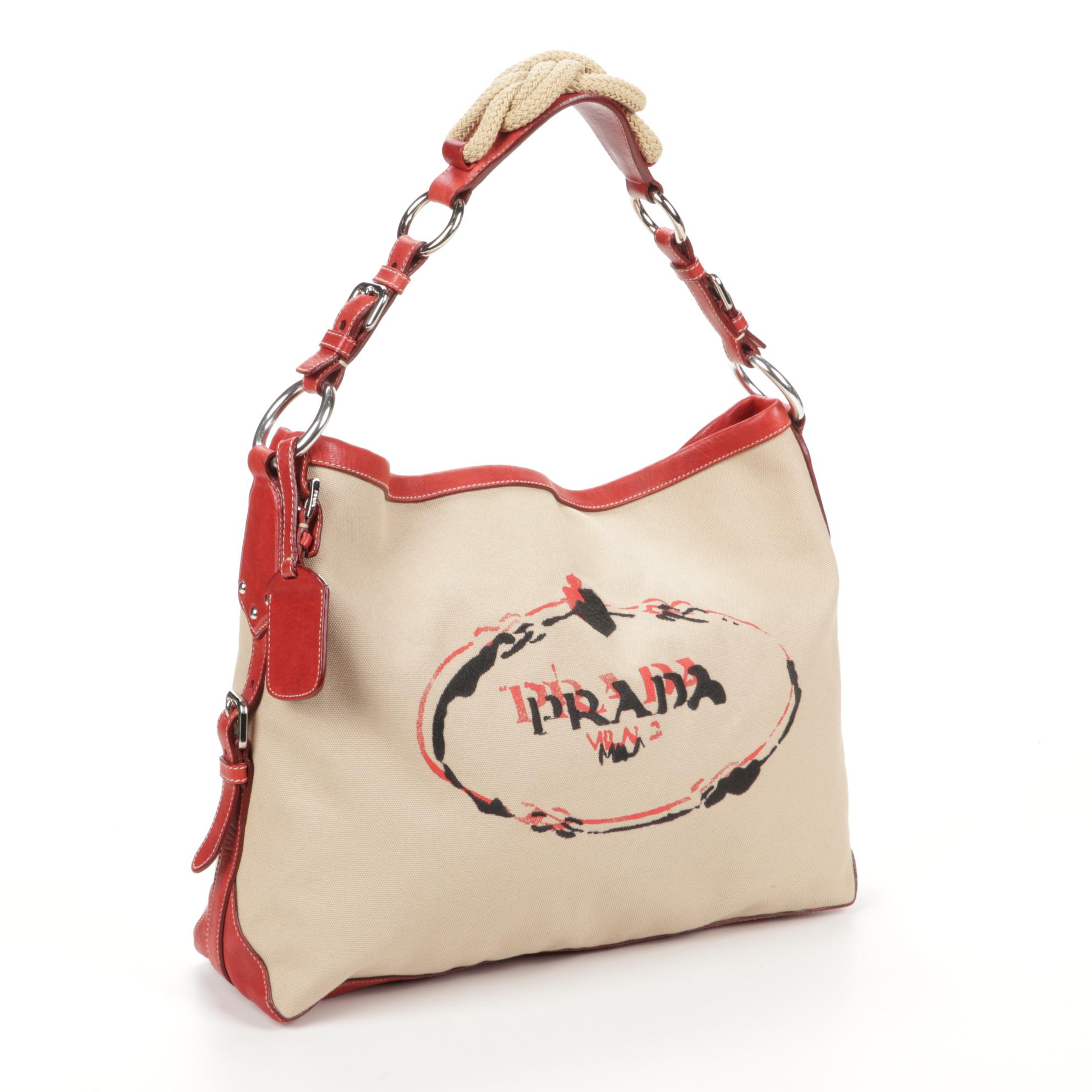 Prada Tote in Beige Canvas with Contrast Stitched Red Leather Trim