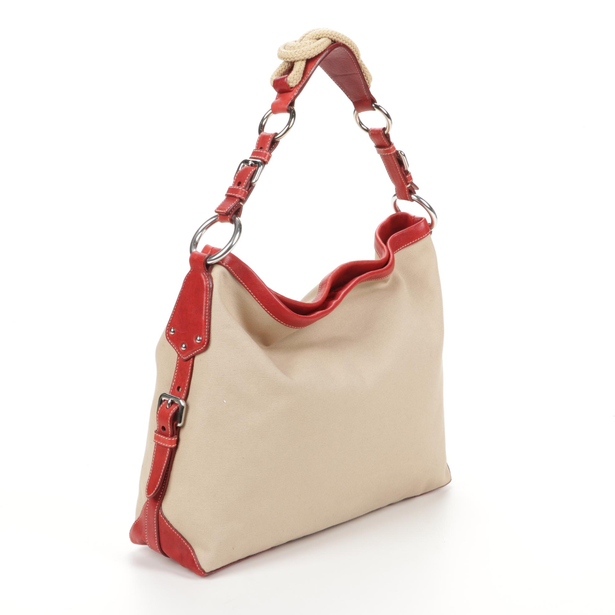 Prada Tote in Beige Canvas with Contrast Stitched Red Leather Trim