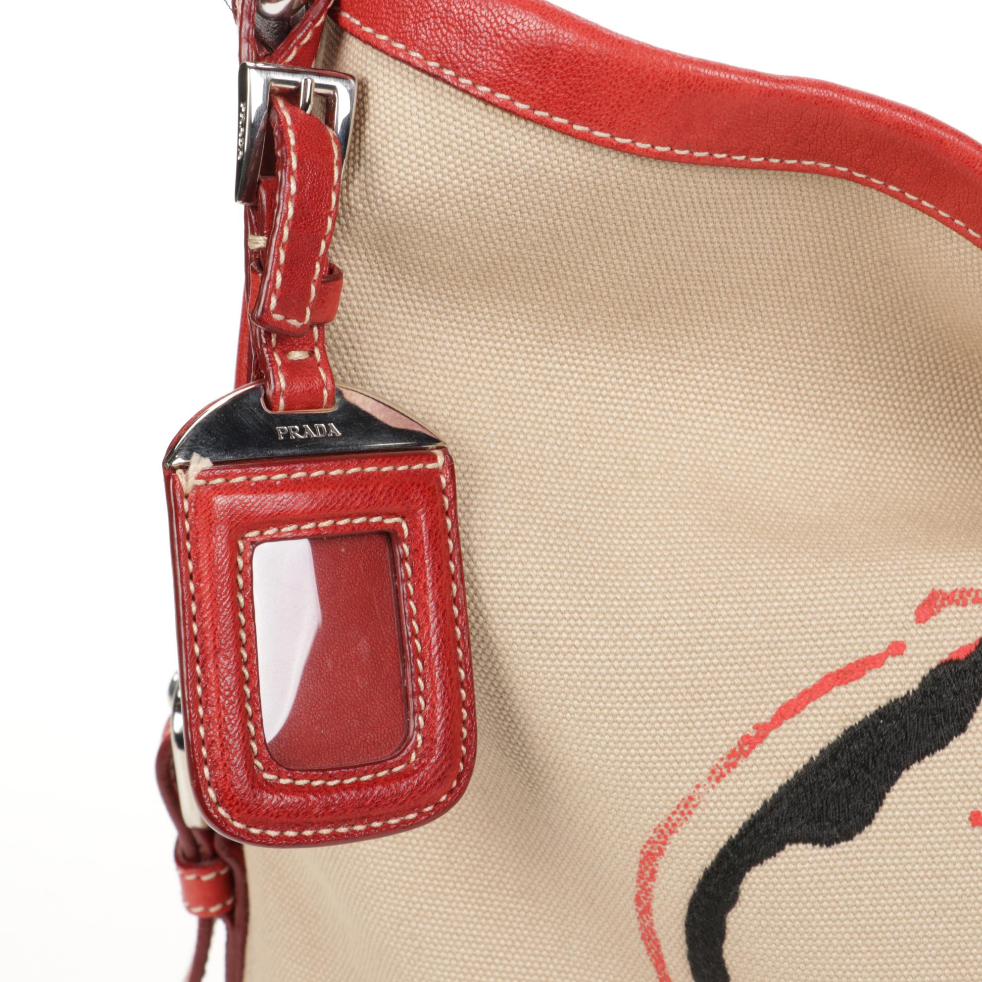 Prada Tote in Beige Canvas with Contrast Stitched Red Leather Trim