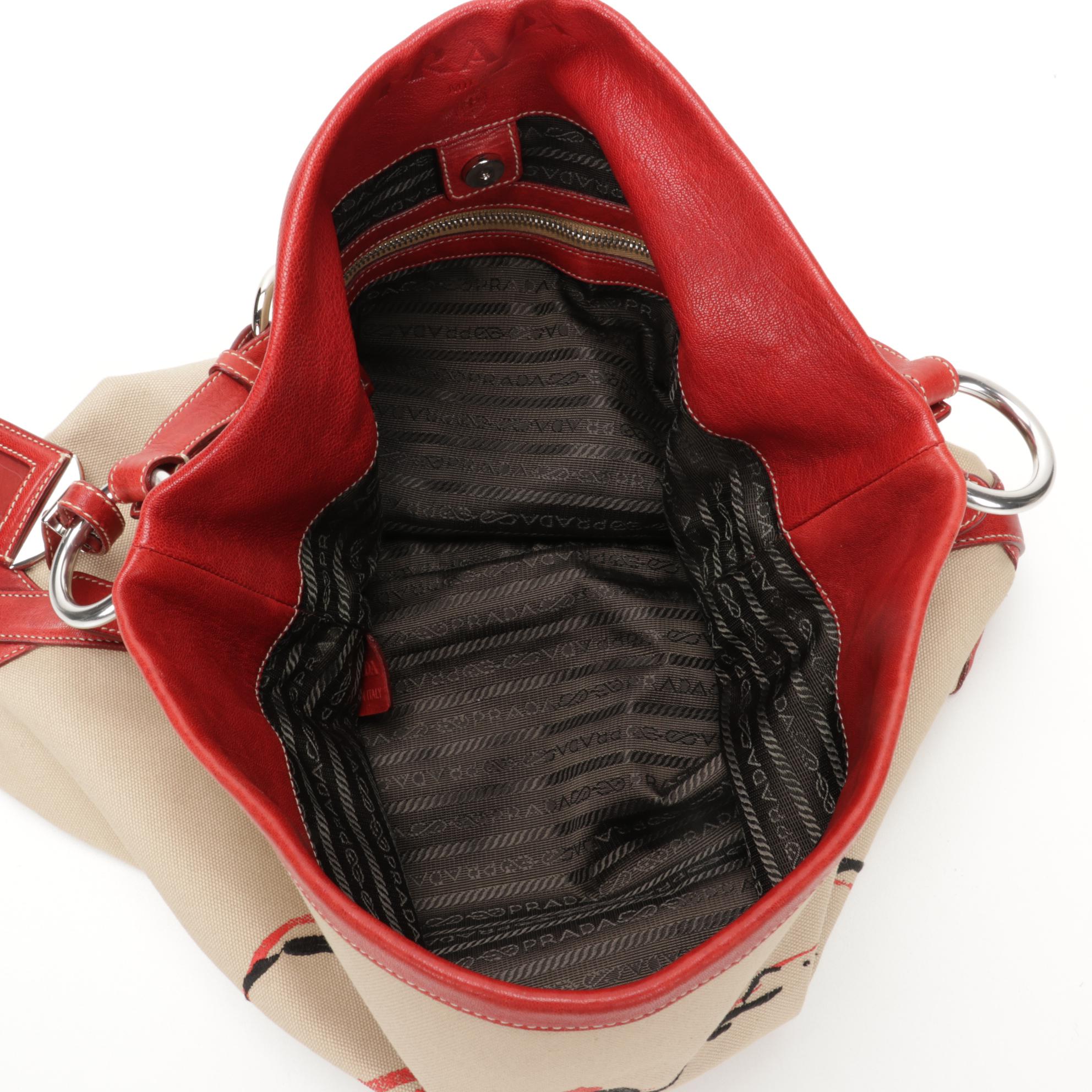 Prada Tote in Beige Canvas with Contrast Stitched Red Leather Trim