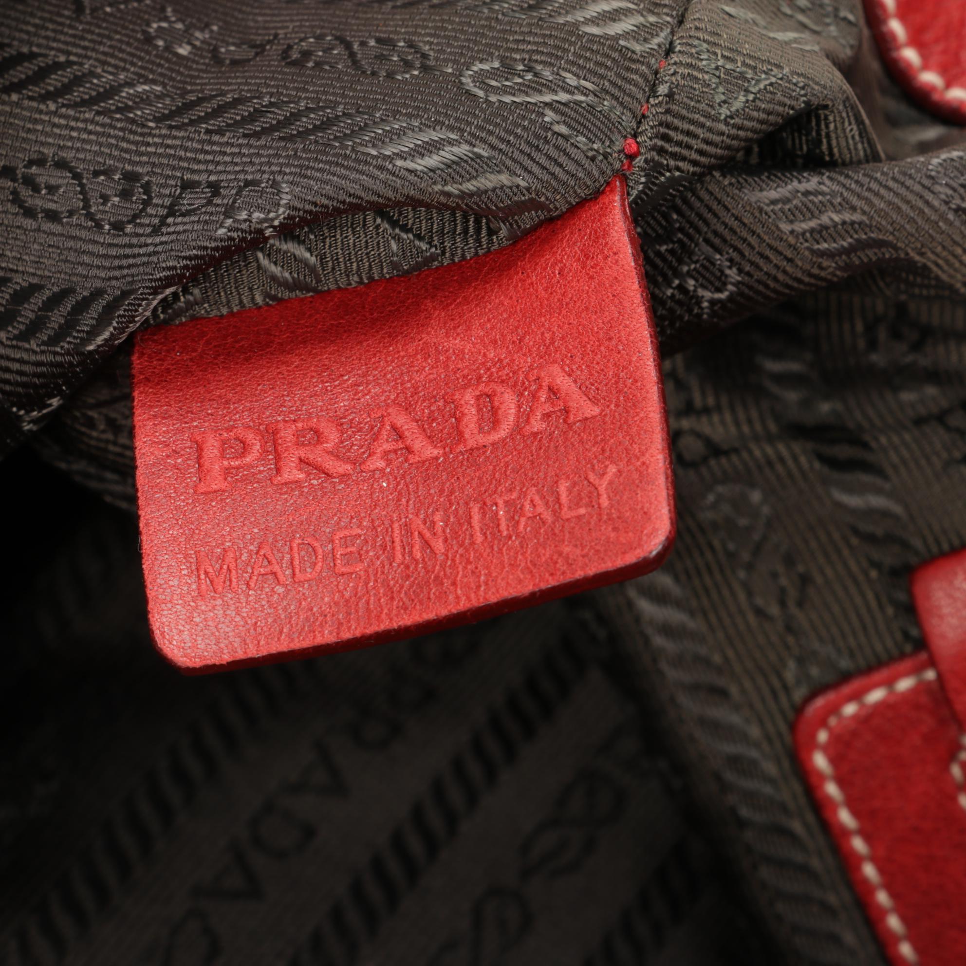 Prada Tote in Beige Canvas with Contrast Stitched Red Leather Trim