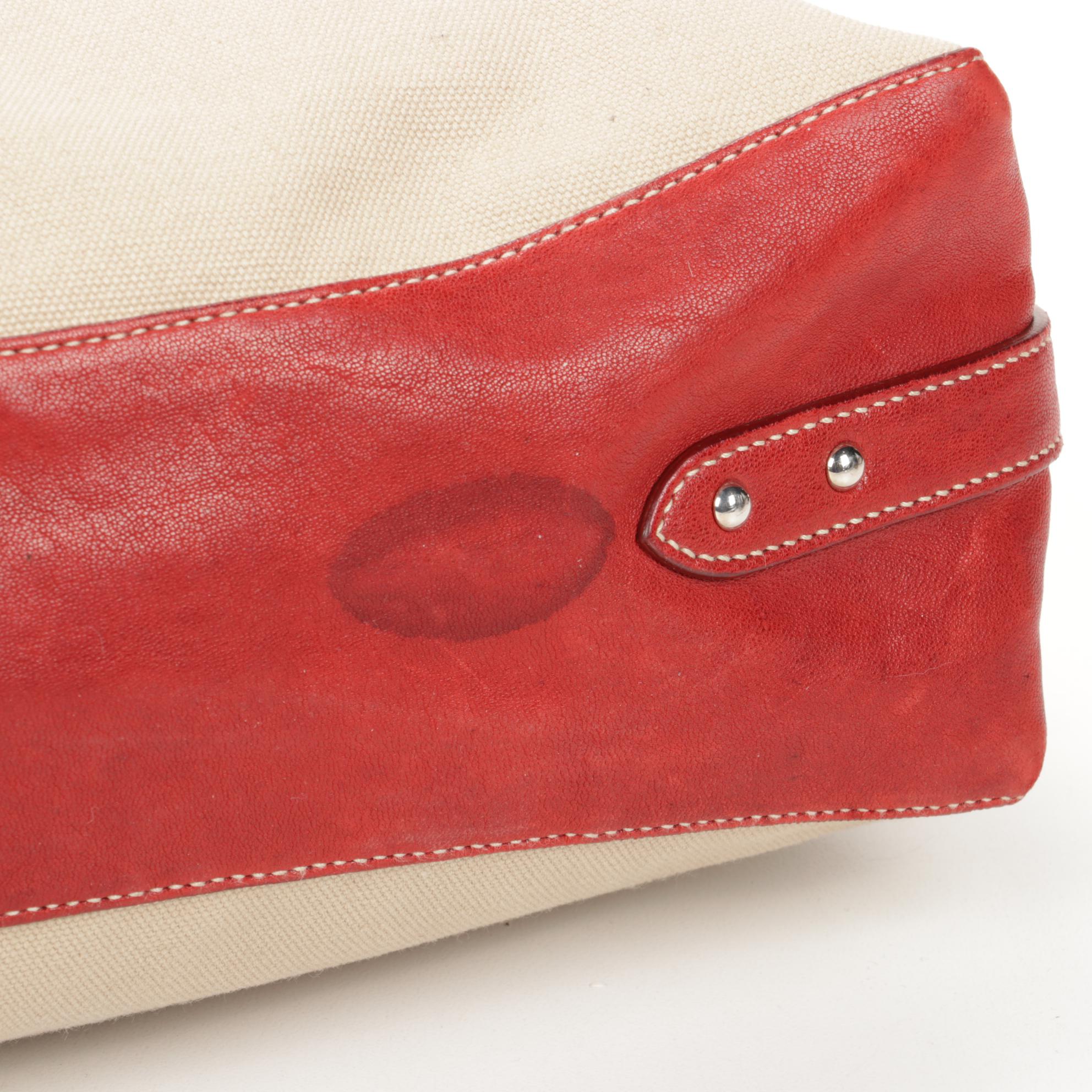 Prada Tote in Beige Canvas with Contrast Stitched Red Leather Trim