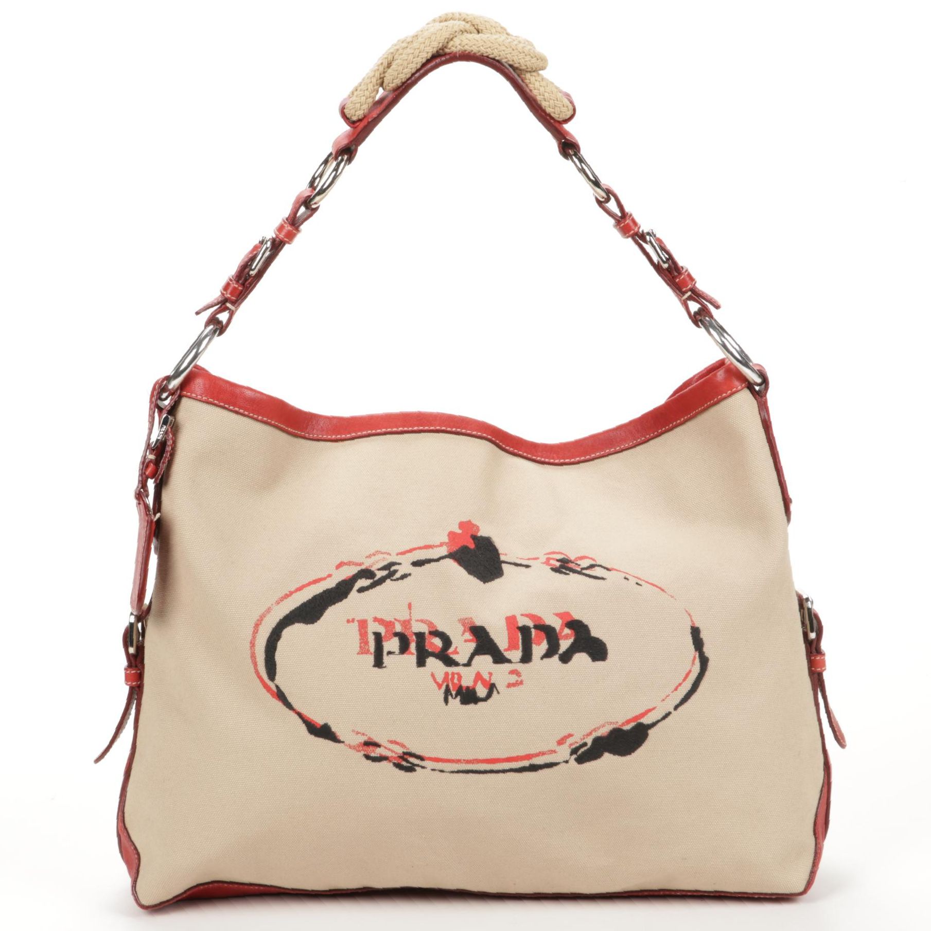 Prada Tote in Beige Canvas with Contrast Stitched Red Leather Trim
