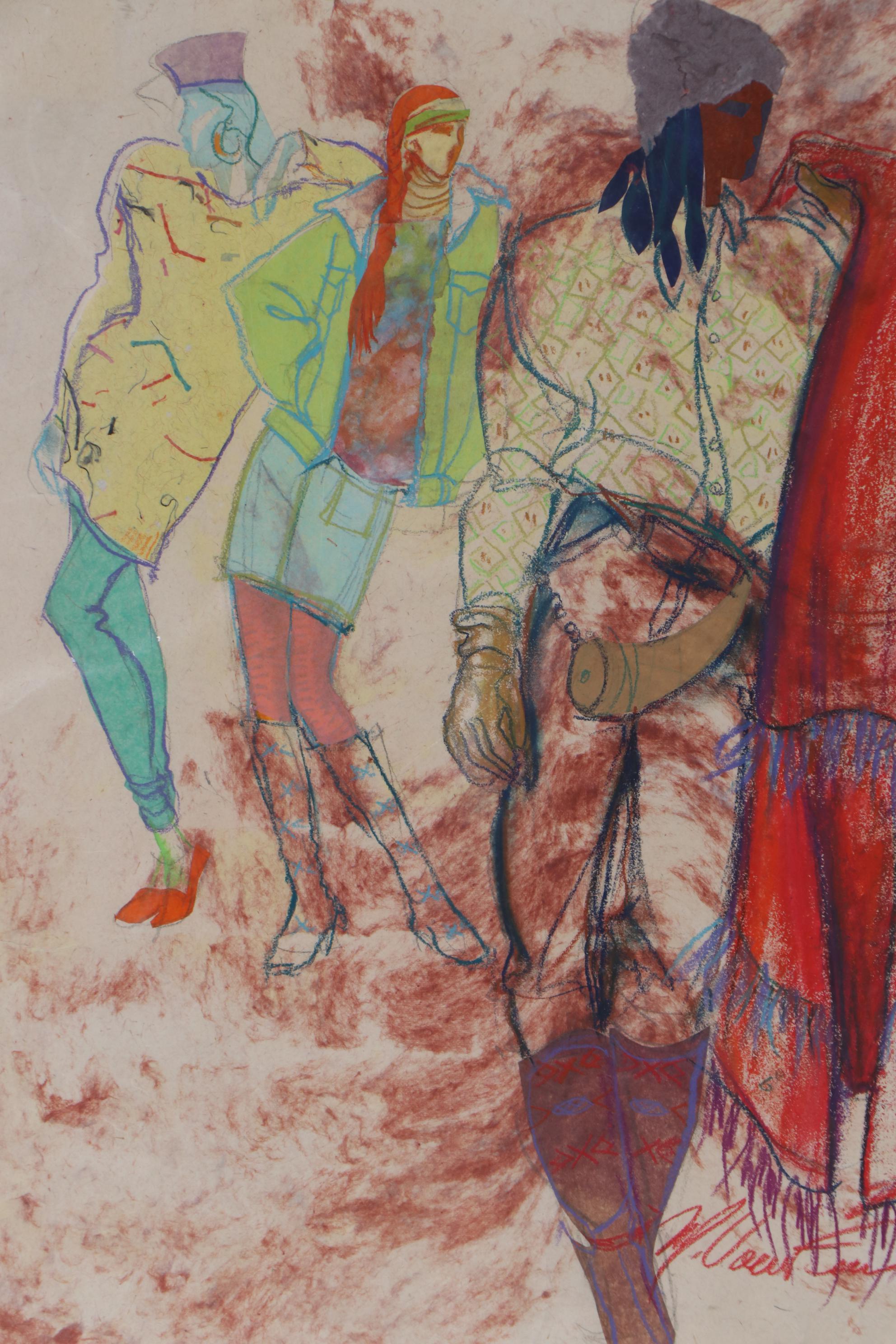 Margaret Voelker-Ferrier Mixed Media Drawing of Fashion Illustration, 1987