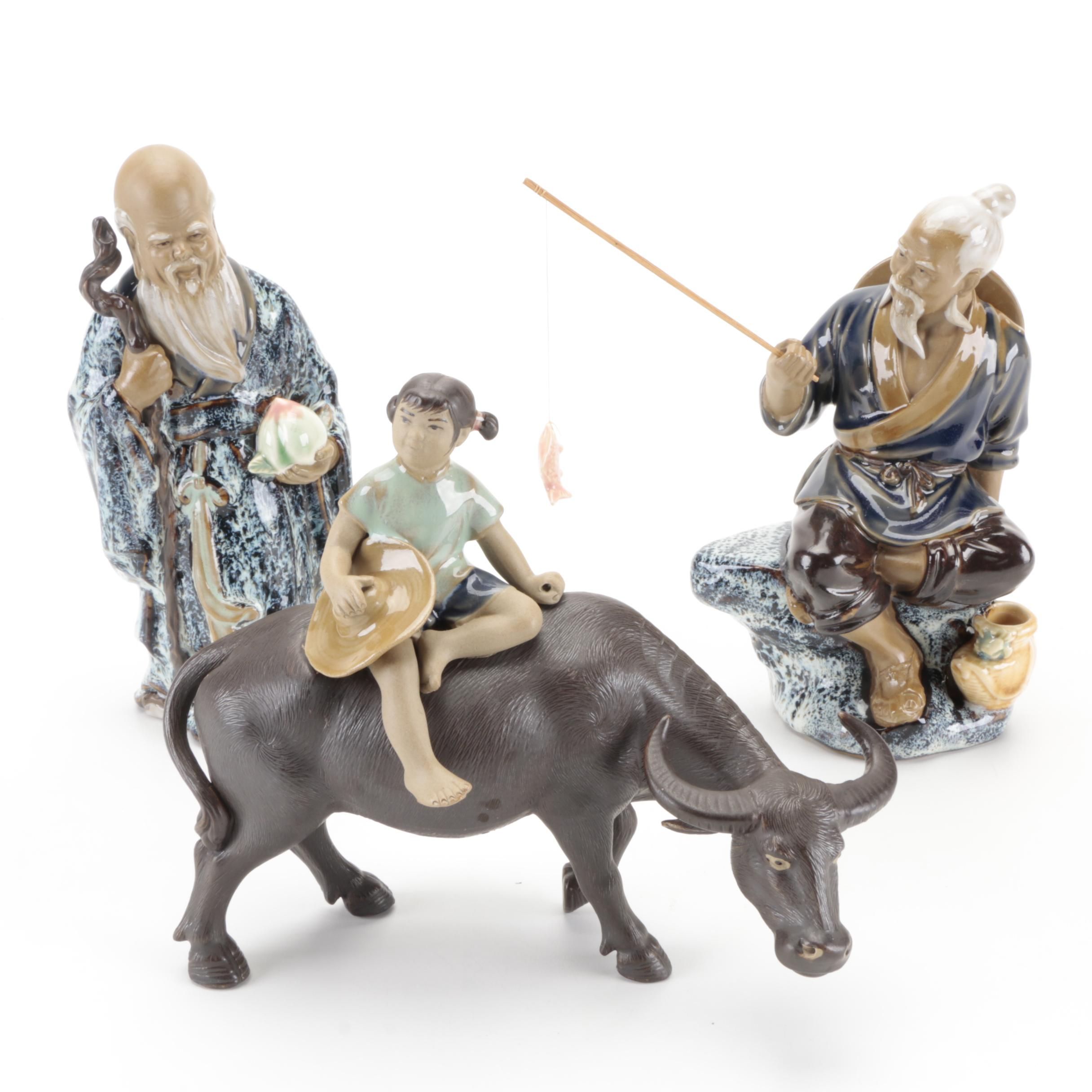 Chinese Shiwan Mudmen Figurines of Fisherman, Shouxing, and a Child on a Buffalo