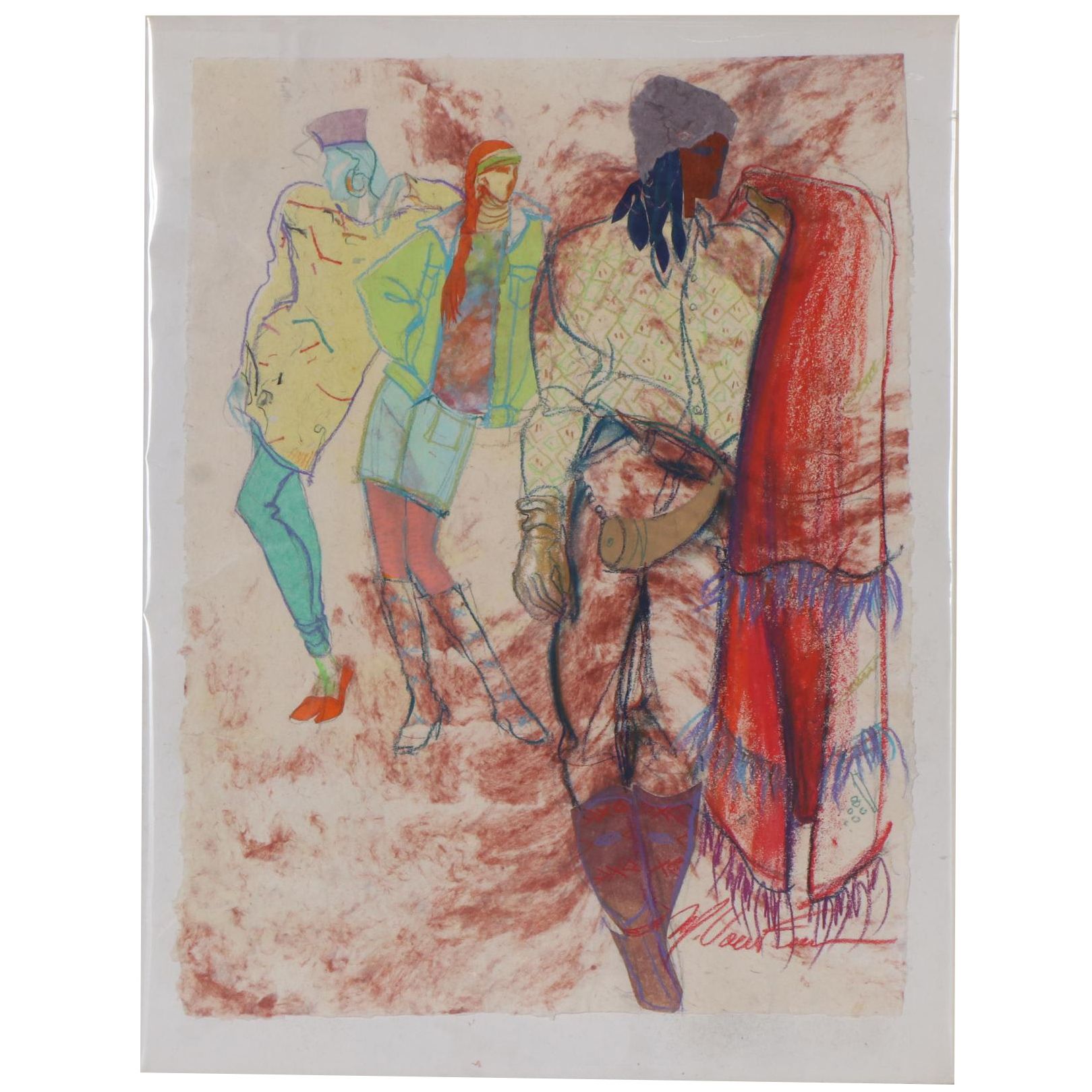 Margaret Voelker-Ferrier Mixed Media Drawing of Fashion Illustration, 1987