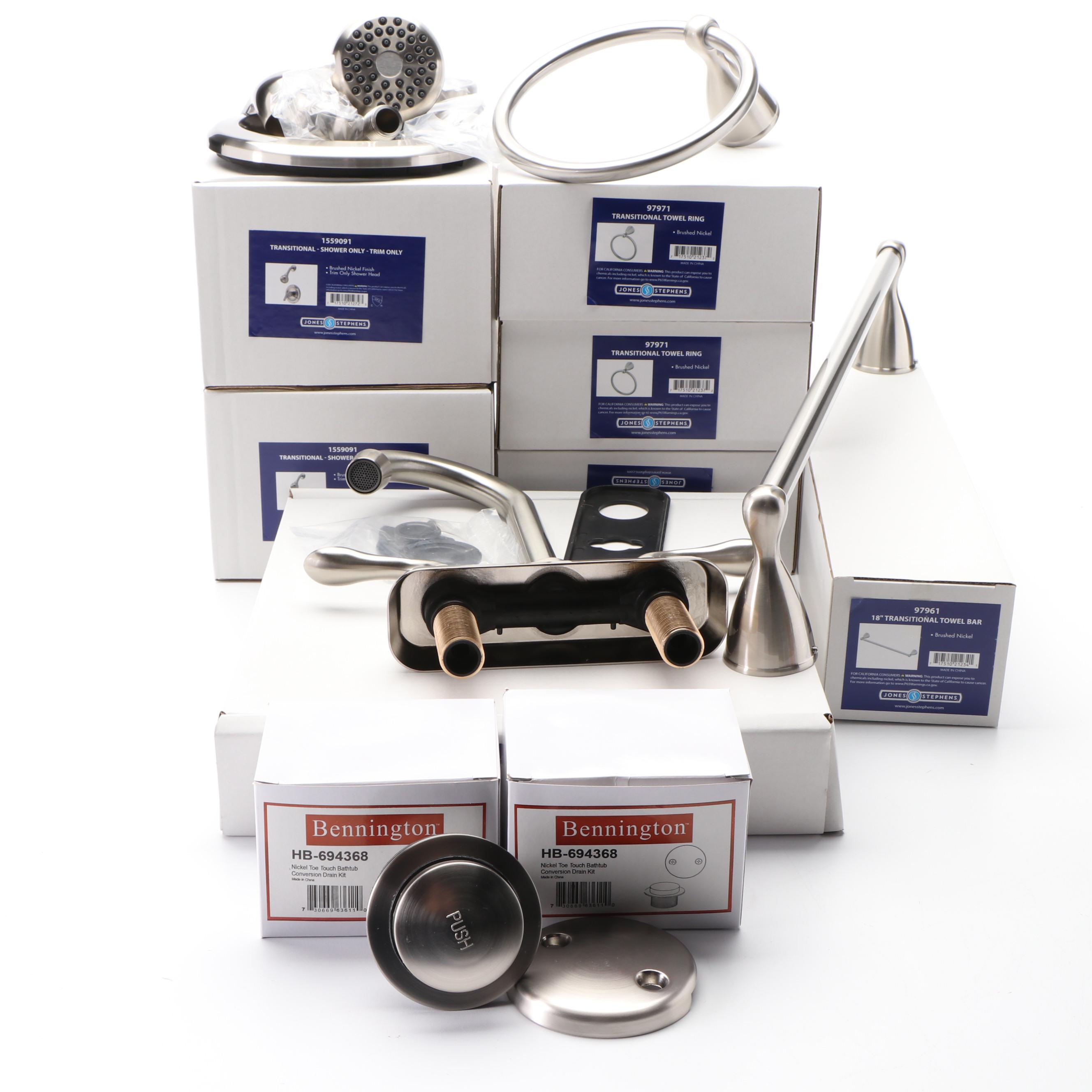 Nickel Shower Trim and Drain Kits, Gooseneck Bar Faucet, Towel Rings, Towel Rack