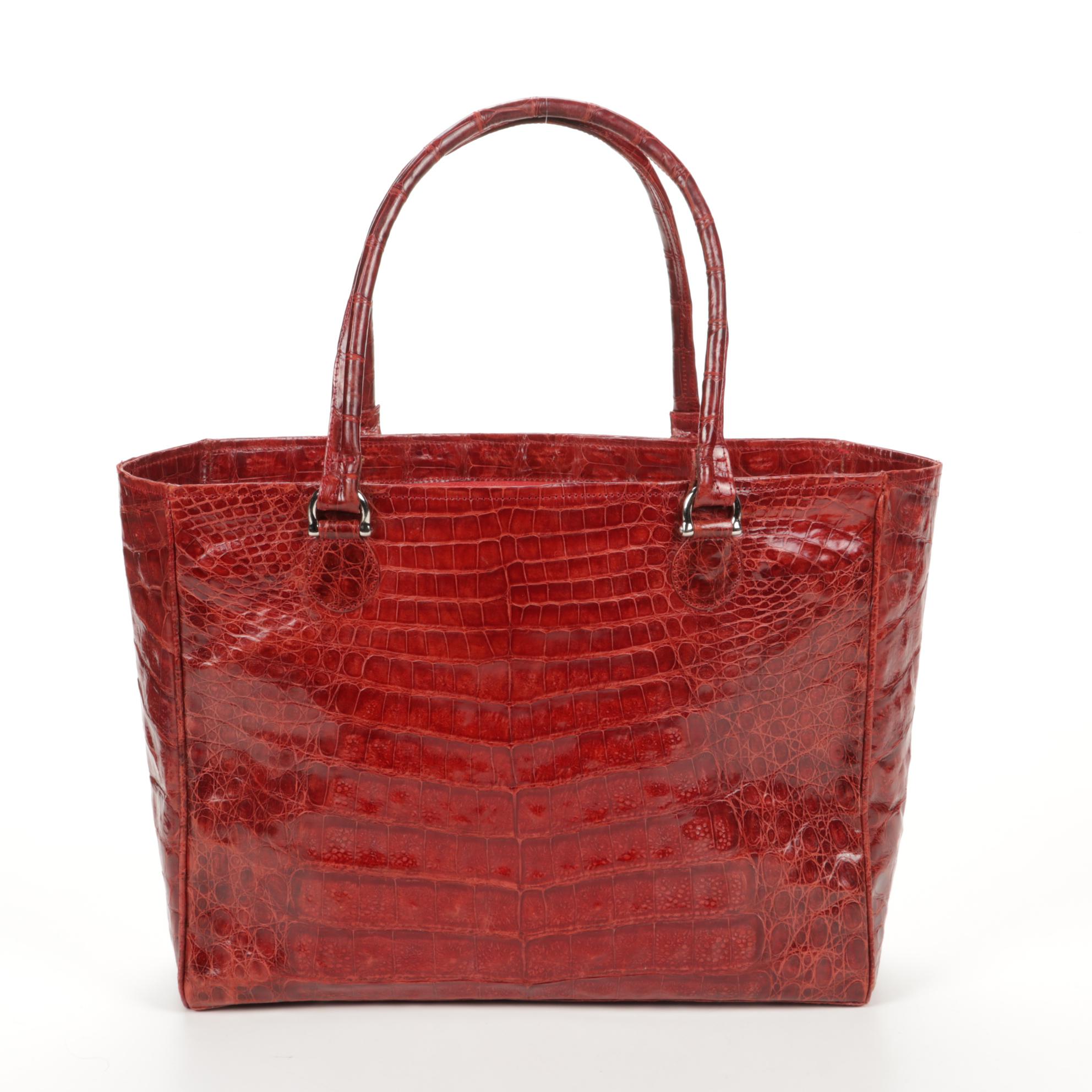 Angela Alvarez Red Authentic Caiman Crocodile Skin Tote Bag