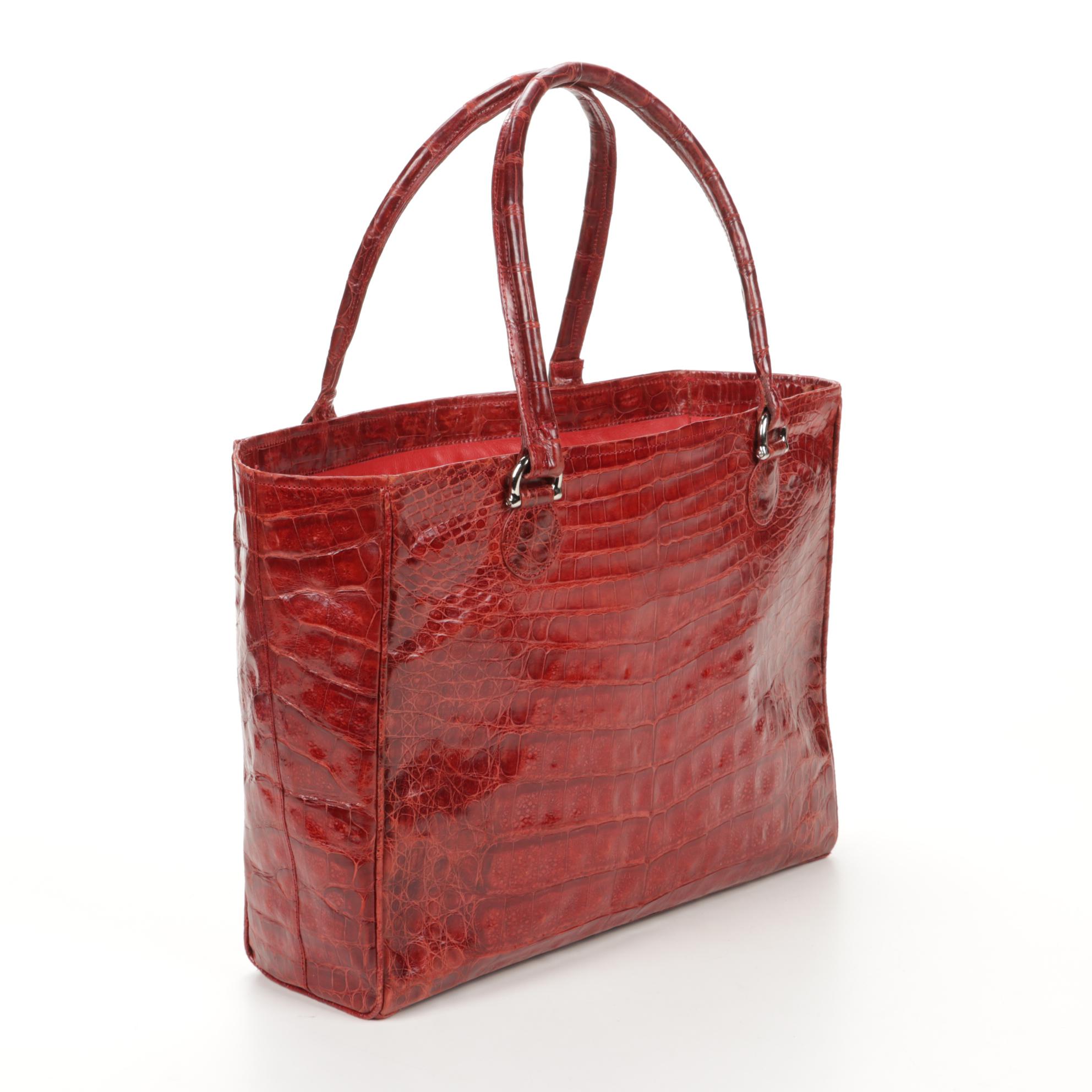 Angela Alvarez Red Authentic Caiman Crocodile Skin Tote Bag