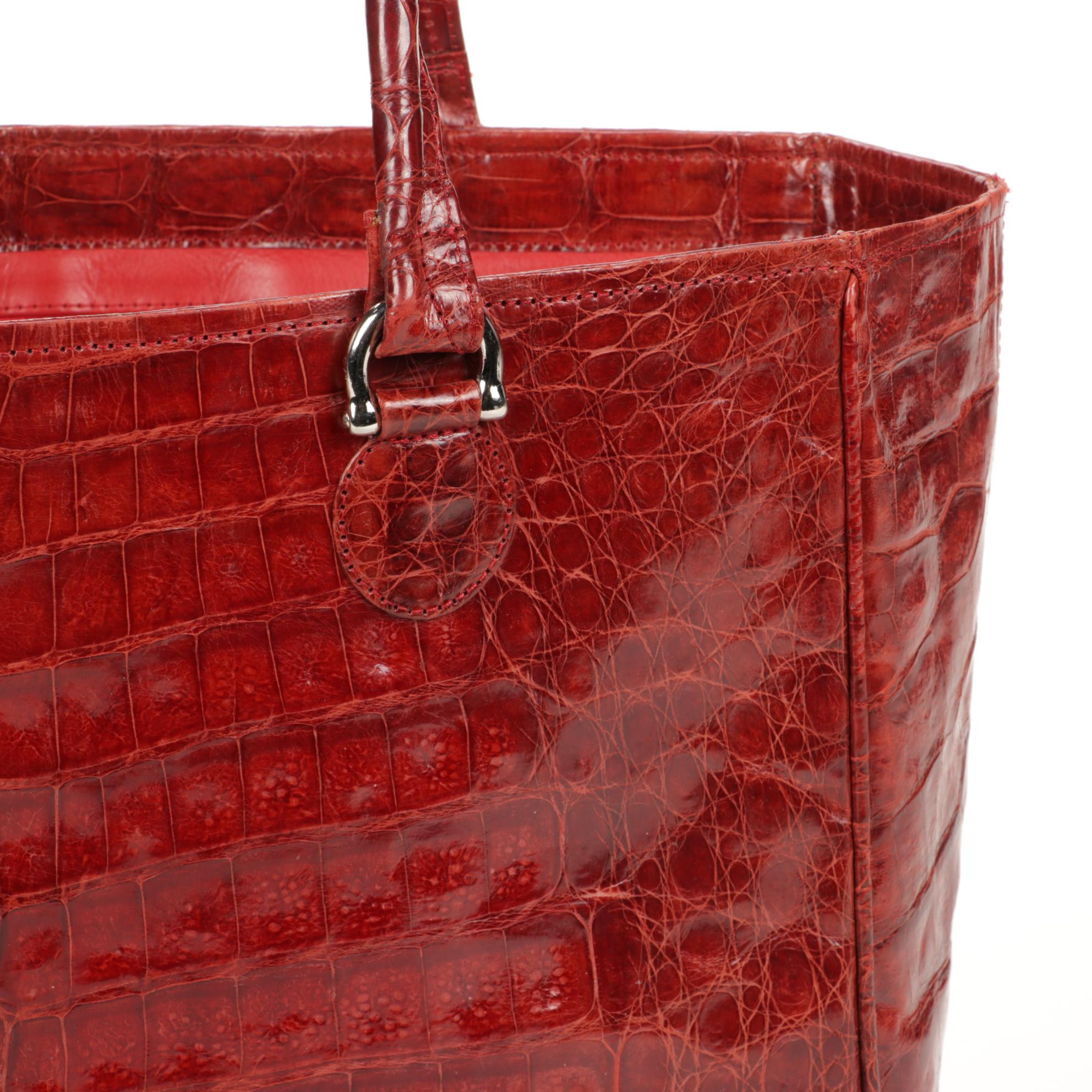 Angela Alvarez Red Authentic Caiman Crocodile Skin Tote Bag