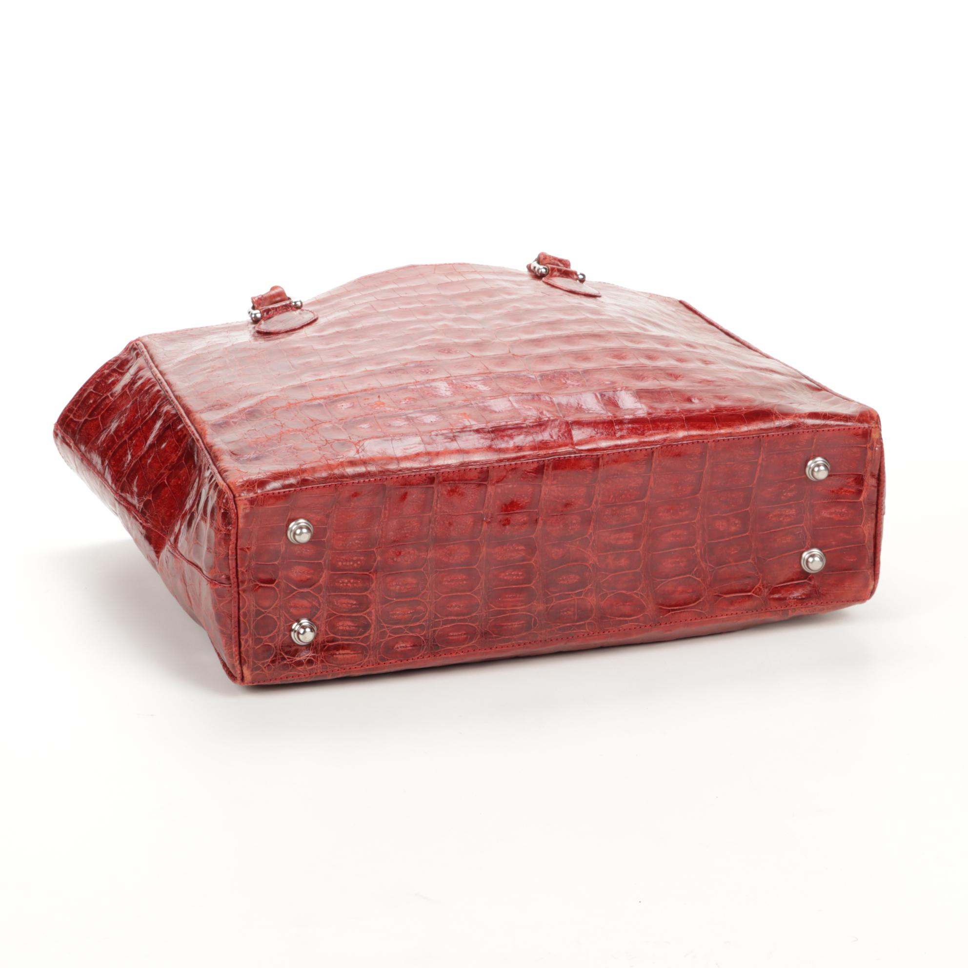 Angela Alvarez Red Authentic Caiman Crocodile Skin Tote Bag