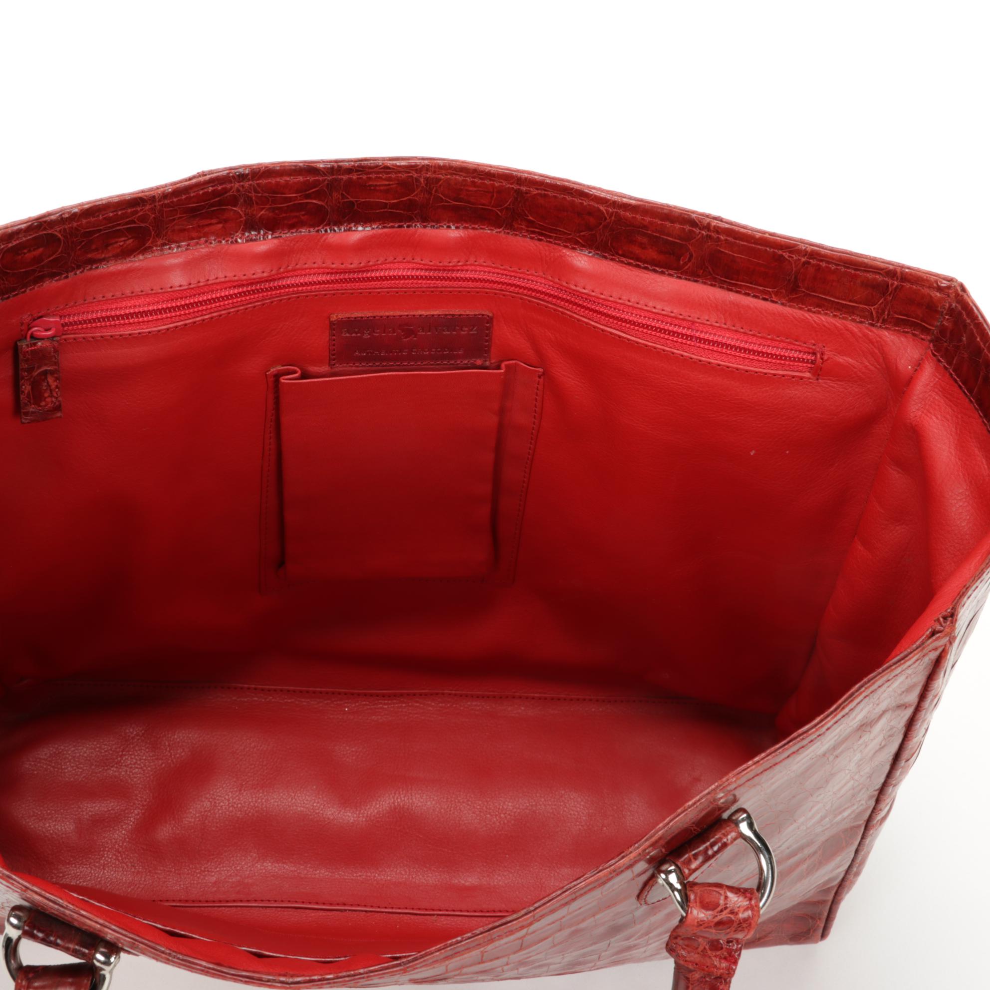 Angela Alvarez Red Authentic Caiman Crocodile Skin Tote Bag