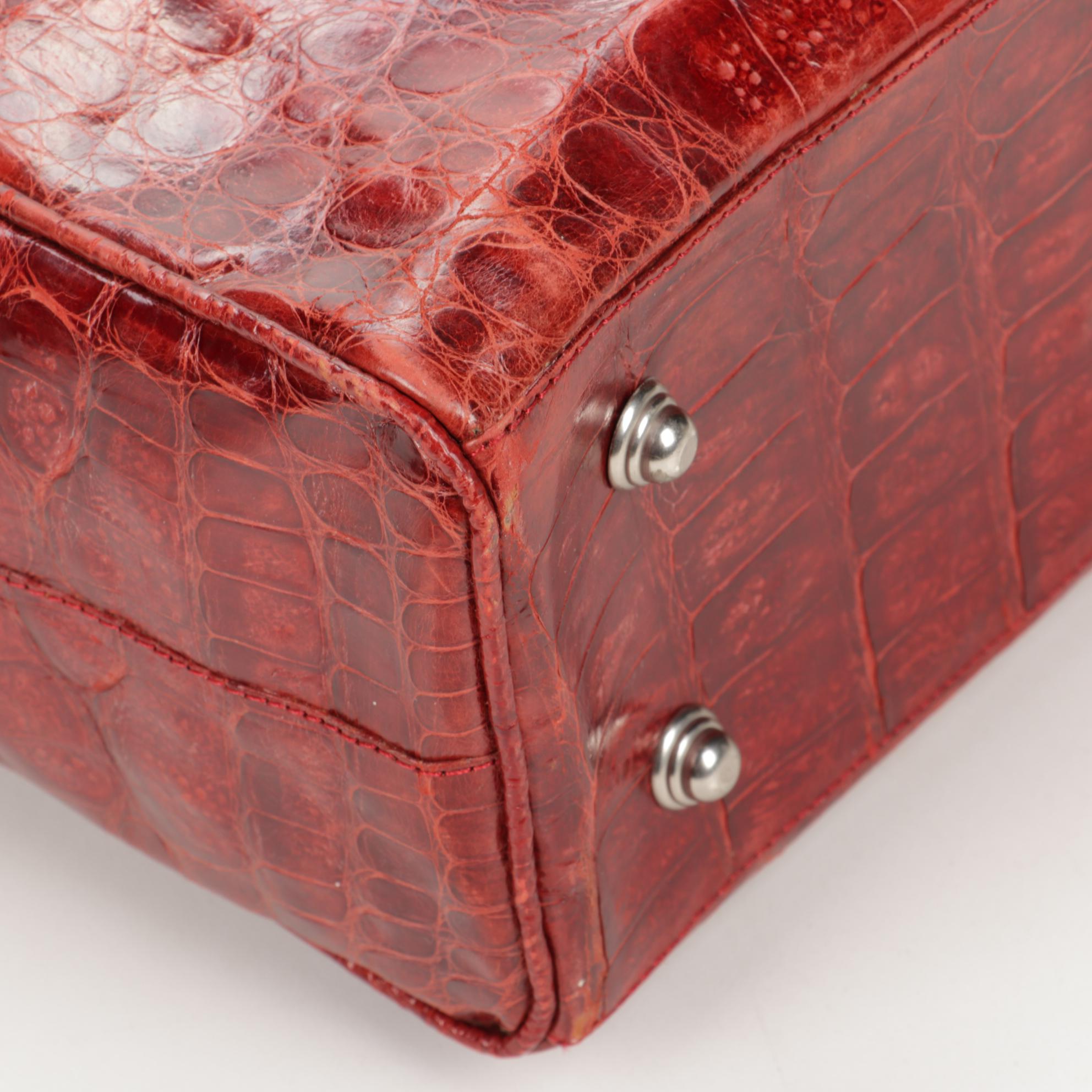 Angela Alvarez Red Authentic Caiman Crocodile Skin Tote Bag