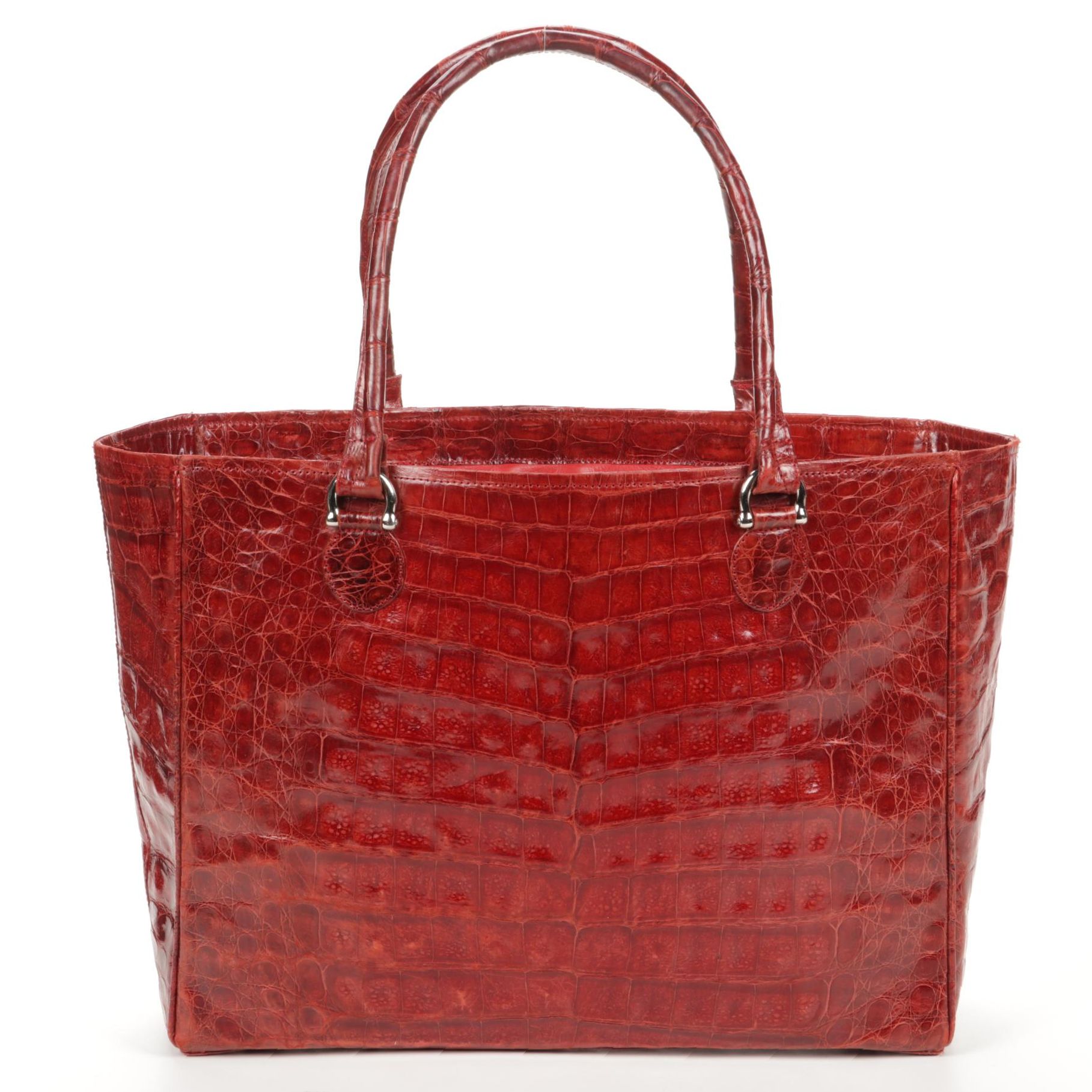 Angela Alvarez Red Authentic Caiman Crocodile Skin Tote Bag