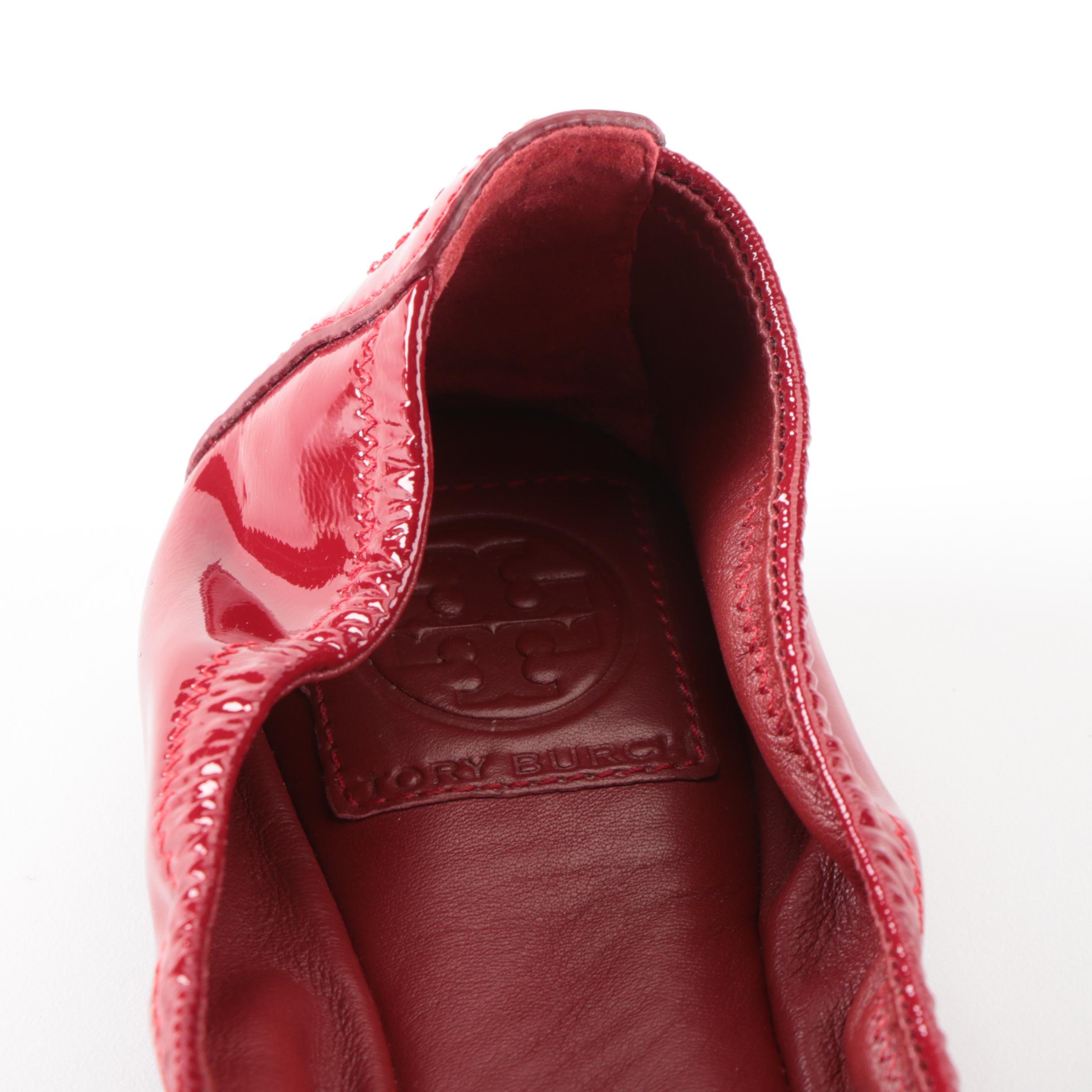 Tory Burch Ballet Flats in Brown Leather and Red Patent Leather