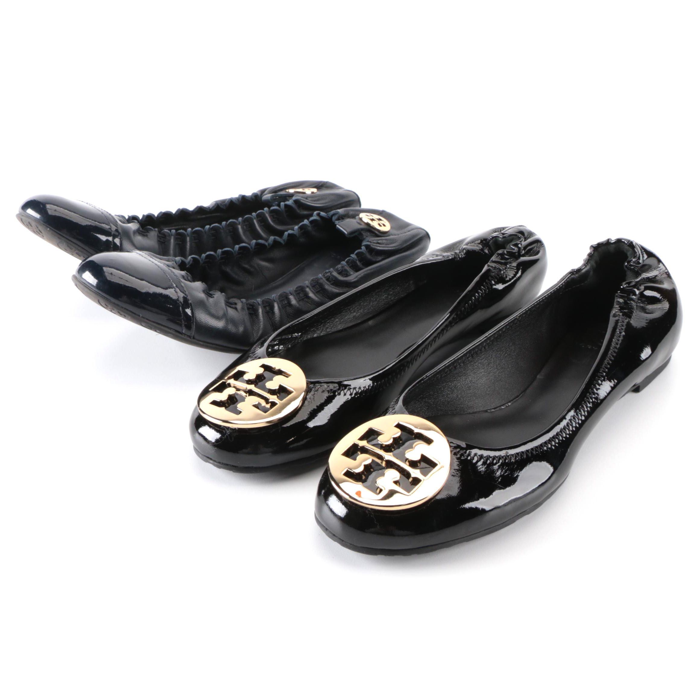 Tory Burch Ballet Flats in Black Patent Leather and and Navy Leather