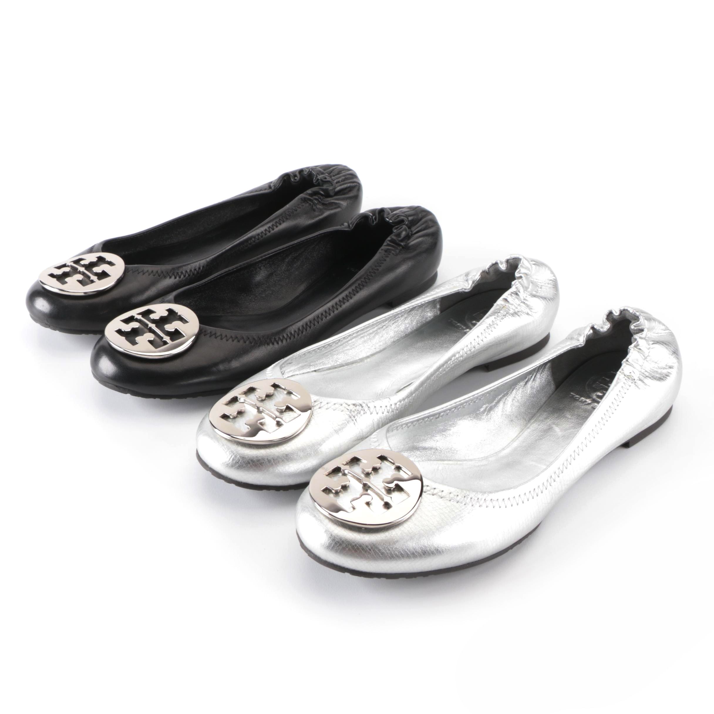 Tory Burch Ballet Flats in Black Leather and Silver Leather