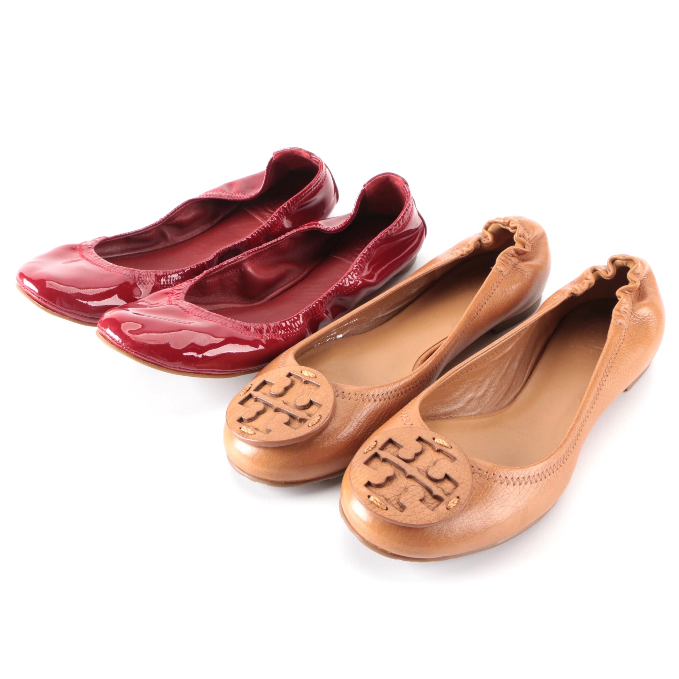 Tory Burch Ballet Flats in Brown Leather and Red Patent Leather