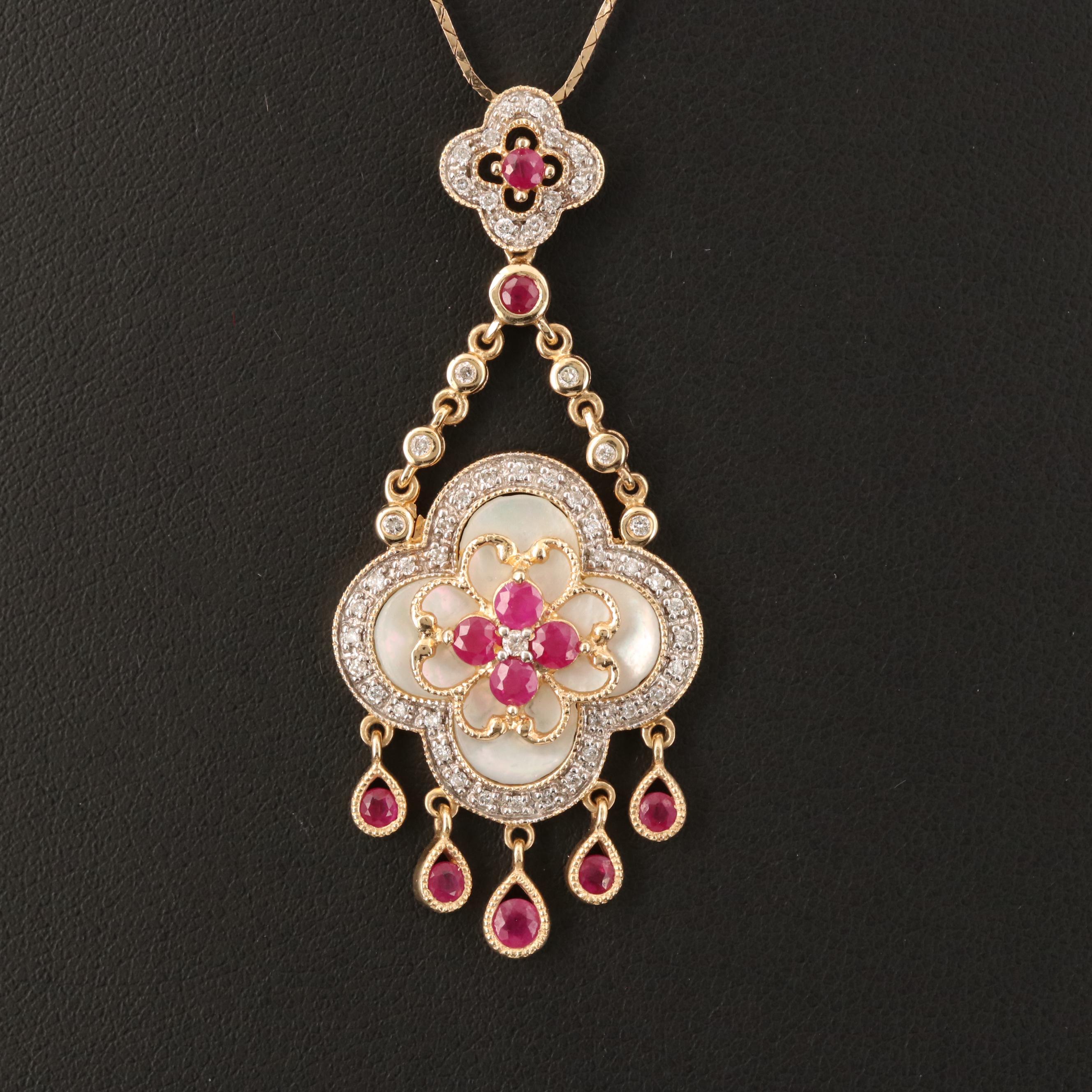 14K Ruby, Diamond and Mother of Pearl Quatrefoil Necklace