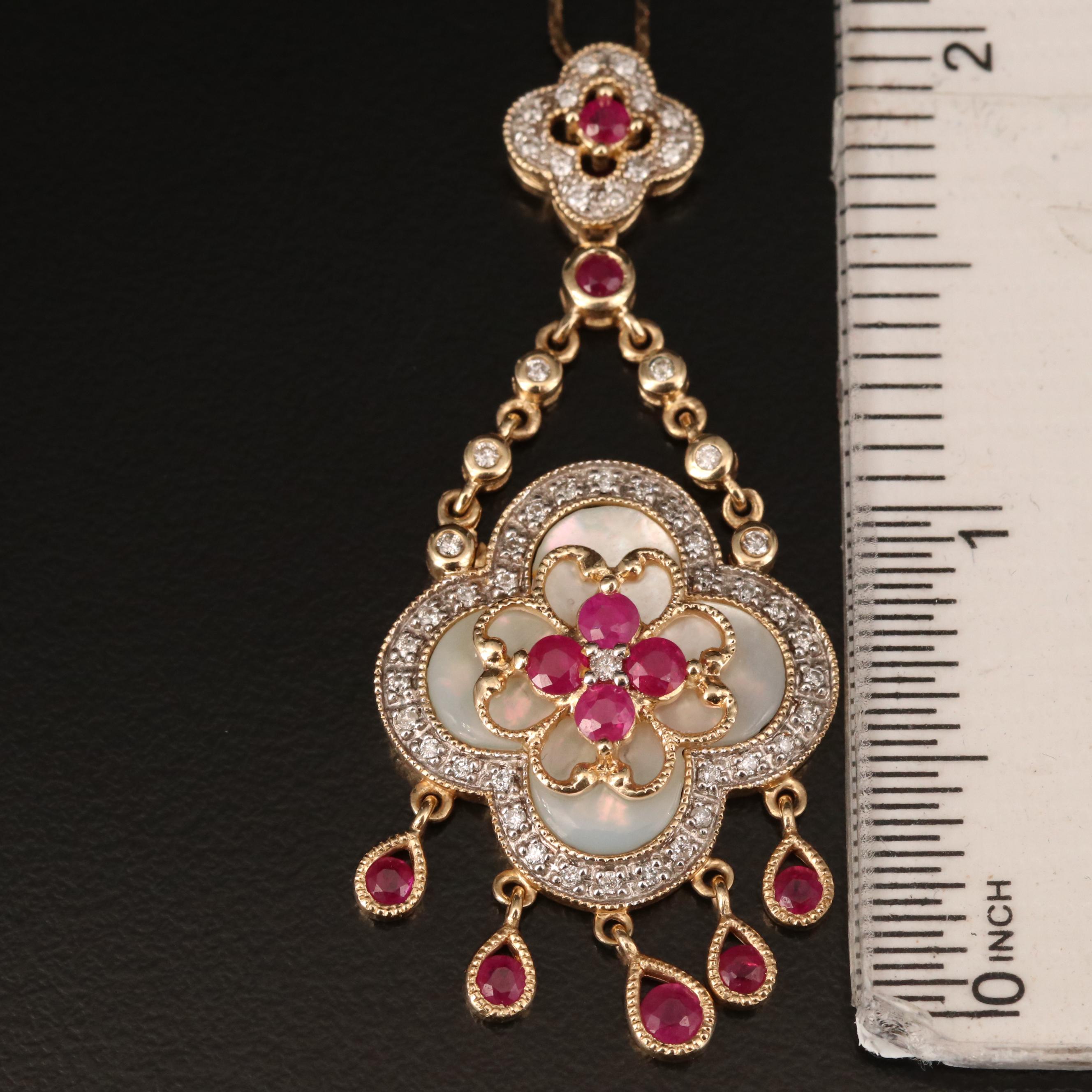 14K Ruby, Diamond and Mother of Pearl Quatrefoil Necklace